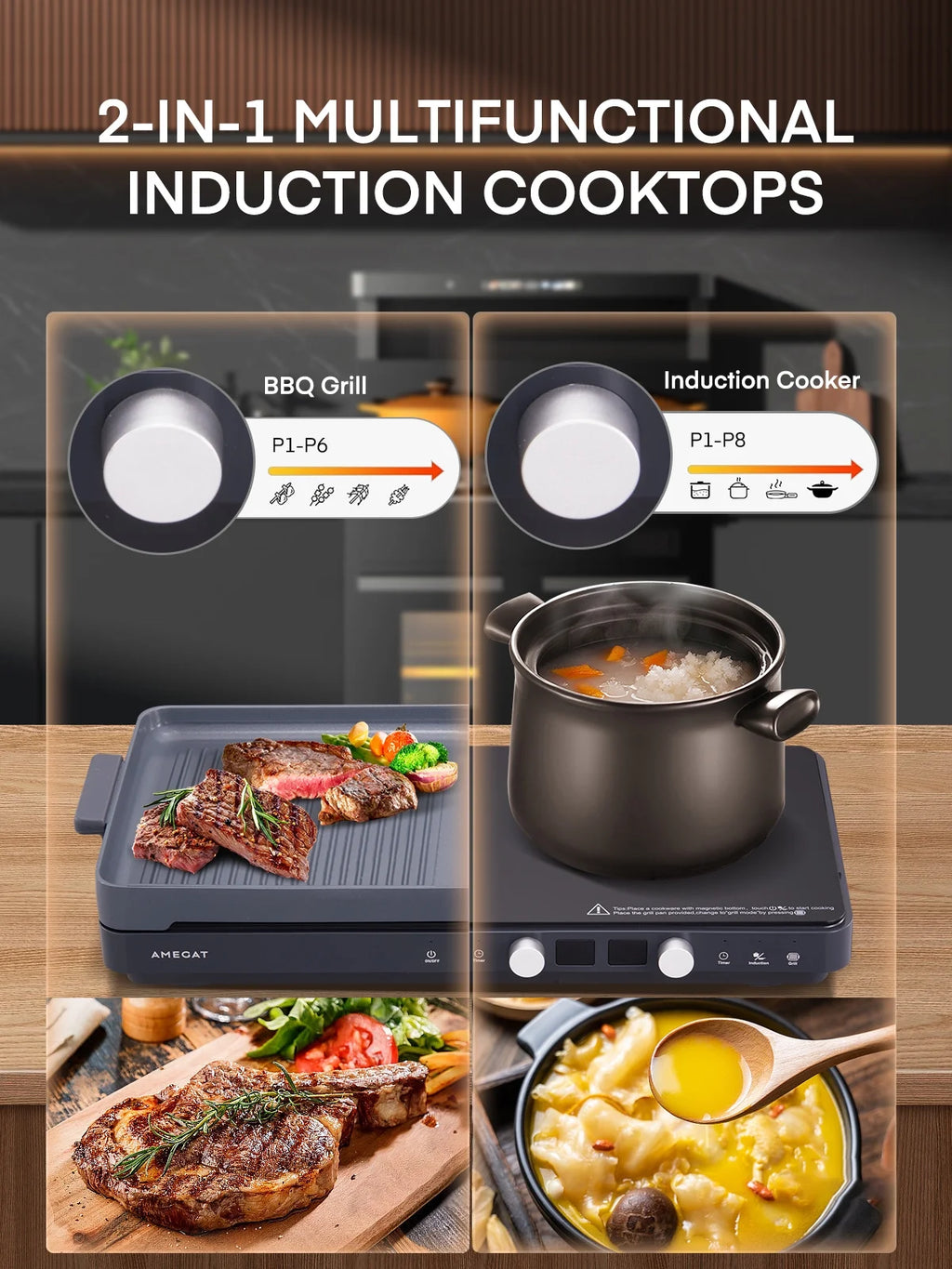 Induction Cooktop 2 Burners, 1800W Countertop Burners with Removable Cast Iron Griddle Pan Non-Stick, 8 Power Levels Control