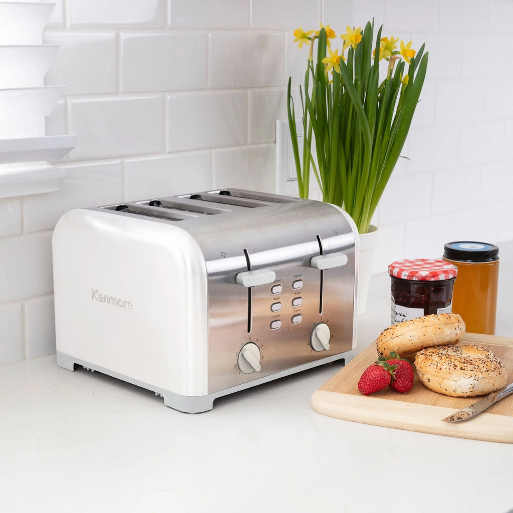 Kenmore 4-Slice White Stainless Steel Toaster, Dual Controls, Wide Slot