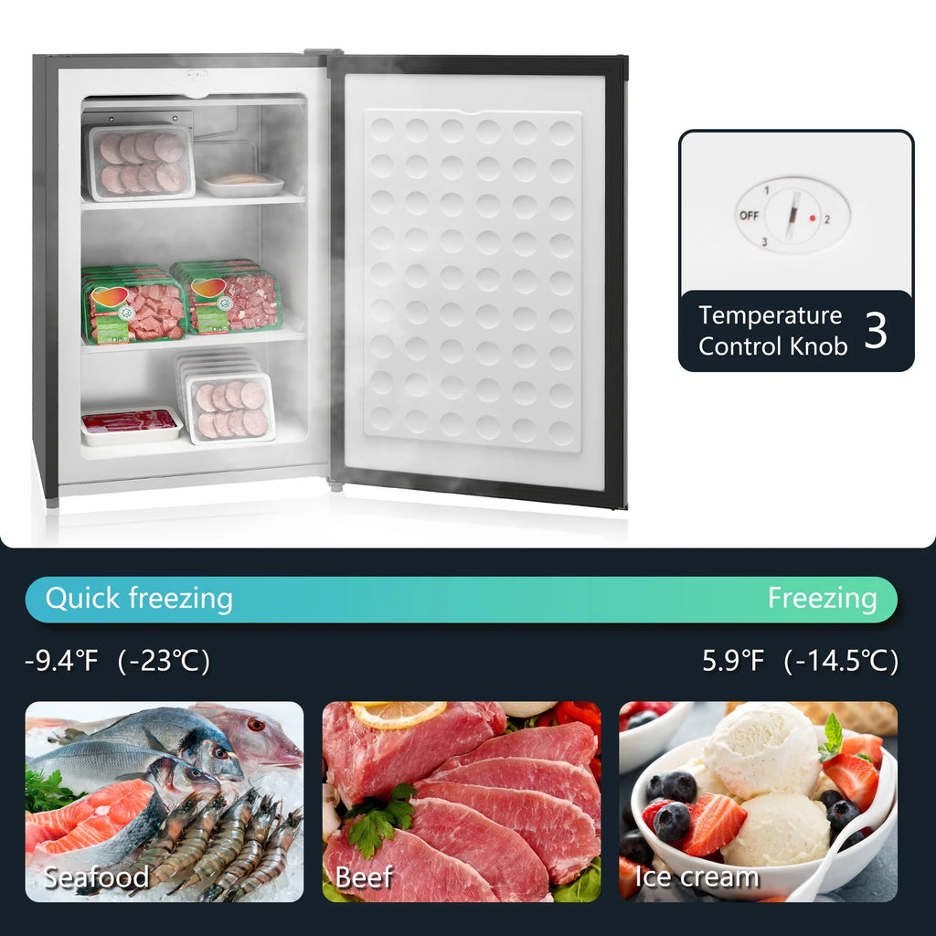 Upright Freezer, 3.0 Cubic Feet Compact Mini Freezer with Reversible Single Door and Adjustable Thermostat, Small freezer for Home, Dorm, Apartment, Home Office, Silver