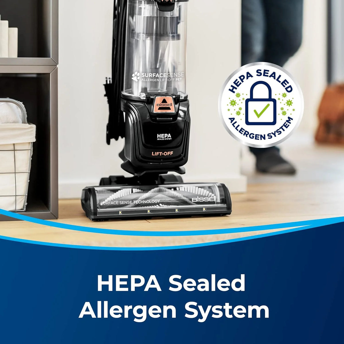 BISSELL SurfaceSense Allergen Lift-Off Pet, Bagless, Upright Vacuum, Pet Friendly, Surface Detect Technology, LED Headlights, Tangle-Free Brush Roll, 3415, Black & Copper