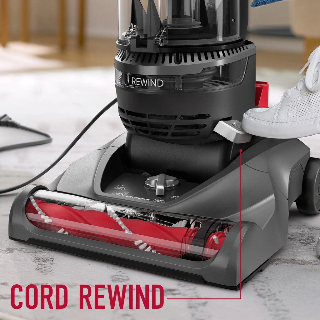 Hoover Rewind Pet Bagless Upright Vacuum Cleaner, Pet Friendly, Automatic Cord Rewind, Multi-Surface and Above Floor Cleaning, UH77410V, Gray & Red