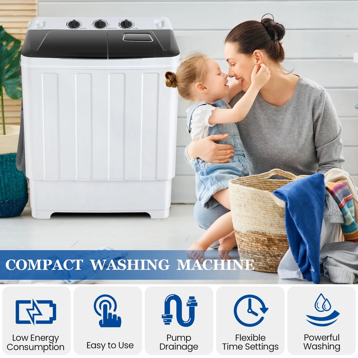 Veeboto Portable Washing Machine, 30LBS Twin Tub Mini Compact Laundry 19lbs Washer/11lbs Spinner with Drain Pump & Time Control Washer Spinner Combo, White