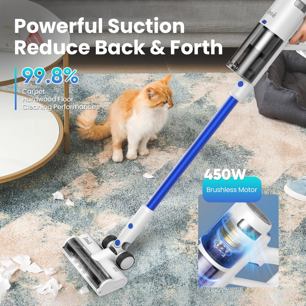 INSE Lightweight Cordless Vacuum with 30Kpa Powerful Suction & 60 Mins Runtime, Stick Vacuum  for Carpet, Tile, Pet Hair, Hardwood Floors