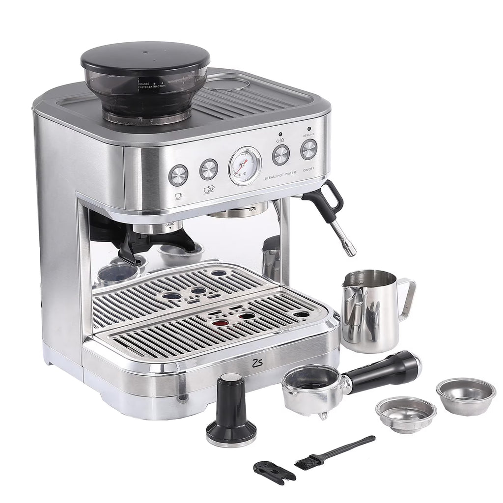 AOILE Espresso Machine with Grinder and Milk Frother �?15 Bar Pump for Cappuccino and Latte, 85oz Removable Water Tank, Stainless Steel, Steam Wand, Auto-Purge Function