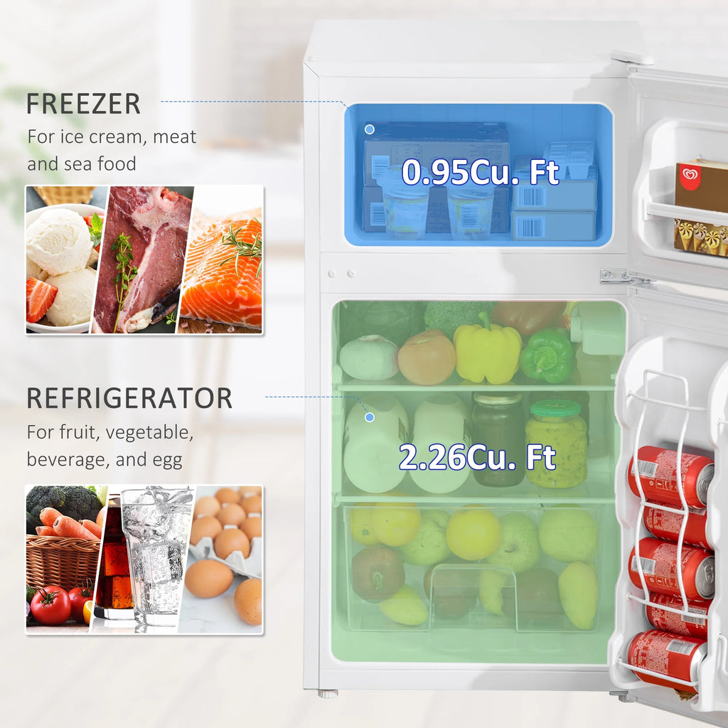 Harper & Bright Designs Double Door Mini Fridge with Freezer, 3.2 Cu.Ft Compact Refrigerator with Adjustable Shelf, Adjustable Thermostat and Reversible Door for Bedroom, Dorm, Home Office, White