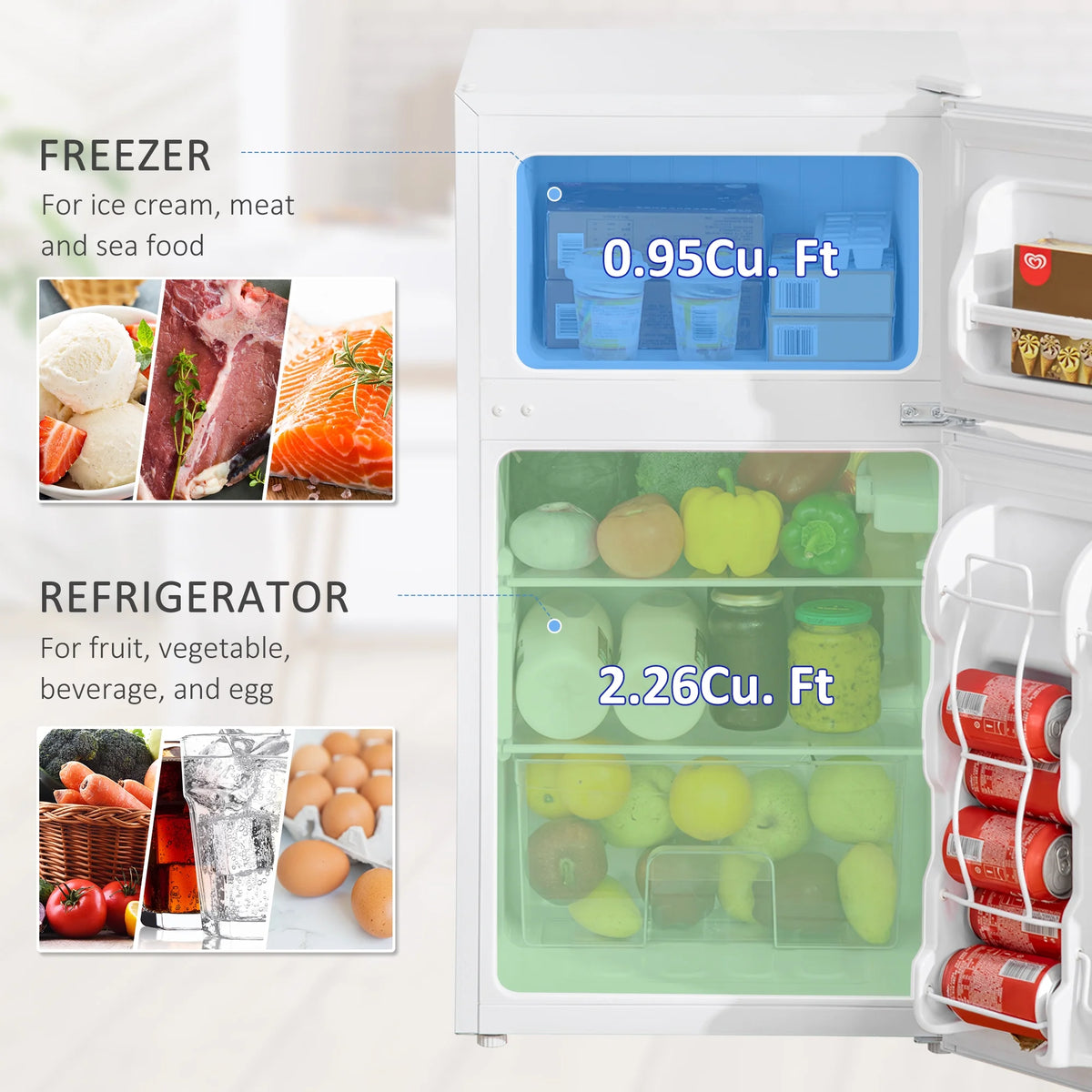 Harper & Bright Designs Double Door Mini Fridge with Freezer, 3.2 Cu.Ft Compact Refrigerator with Adjustable Shelf, Adjustable Thermostat and Reversible Door for Bedroom, Dorm, Home Office, White