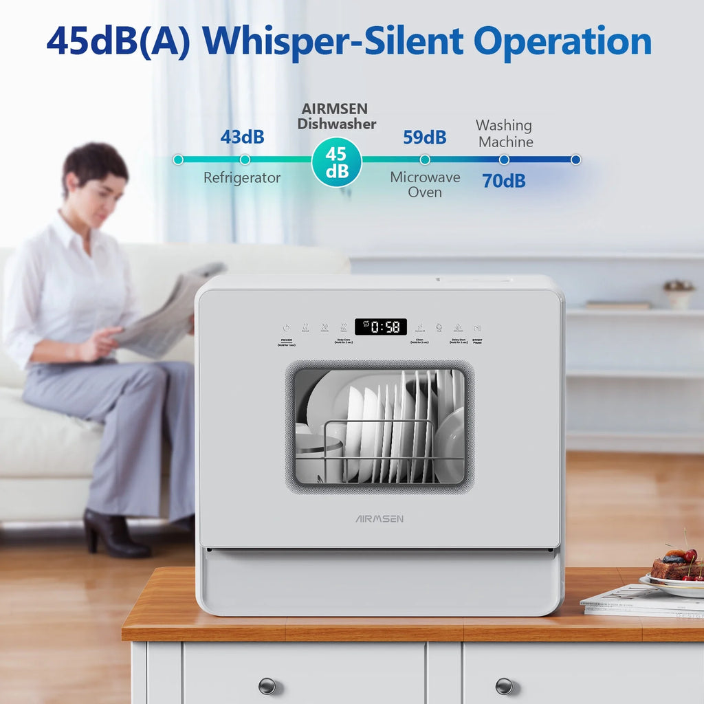AIRMSEN 5-Place Settings Portable Countertop Dishwasher with 5L Built-in Water Tank, Ultra-Slim Dishwasher Upgrade 3 Spray Arms, 12H Delay Start and Salt Chamber Function, ZMW-DUHA01