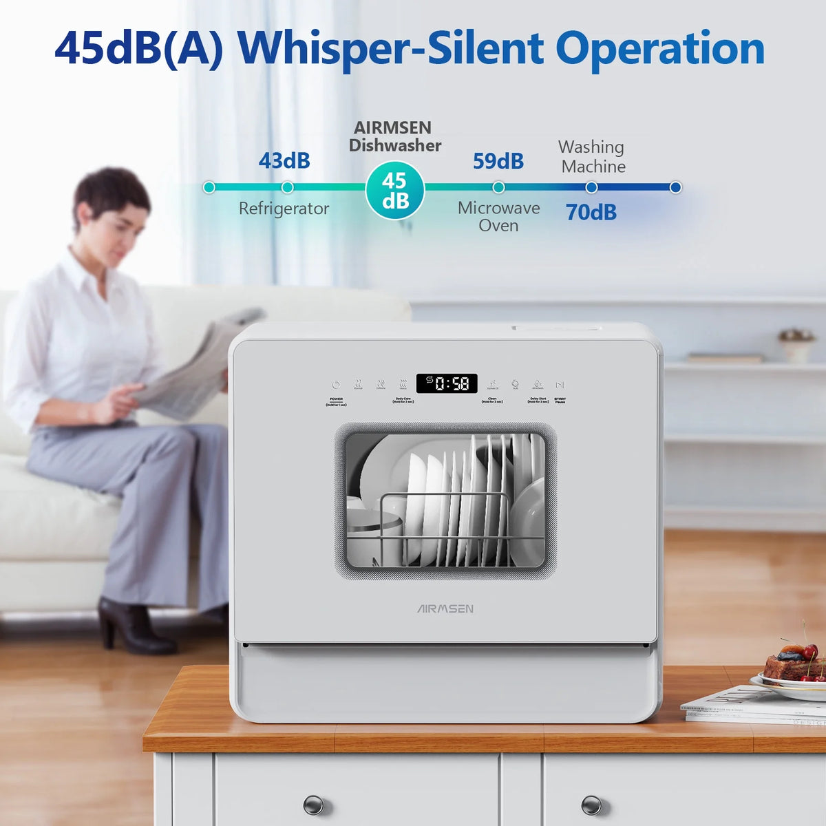 AIRMSEN 5-Place Settings Portable Countertop Dishwasher with 5L Built-in Water Tank, Ultra-Slim Dishwasher Upgrade 3 Spray Arms, 12H Delay Start and Salt Chamber Function, ZMW-DUHA01