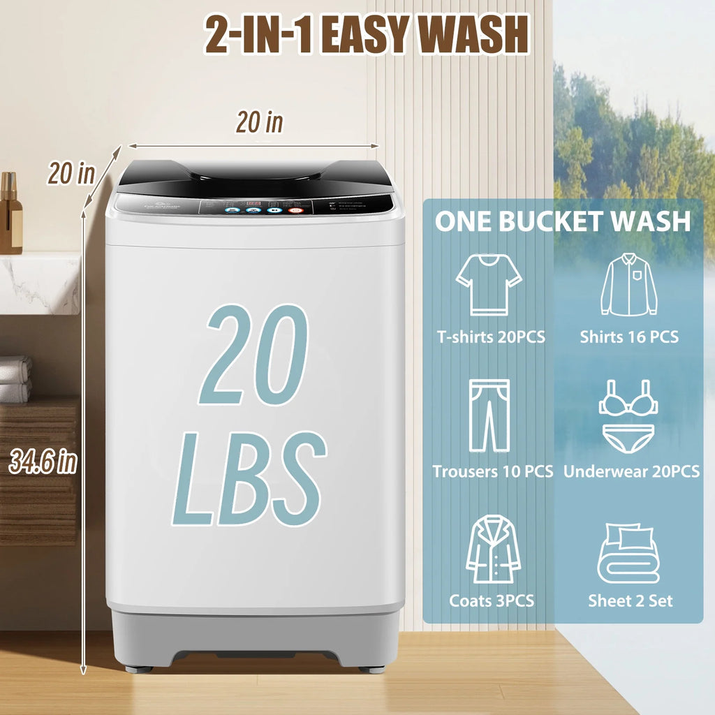 Veeboto Portable Washing Machine, Upgrade 20LBS Large Capacity Full Automatic Washing Machine, 2.8 Cu.ft Laundry Machine with 10 Programs and 8 Water Levels for Home, Apartment, Dorms