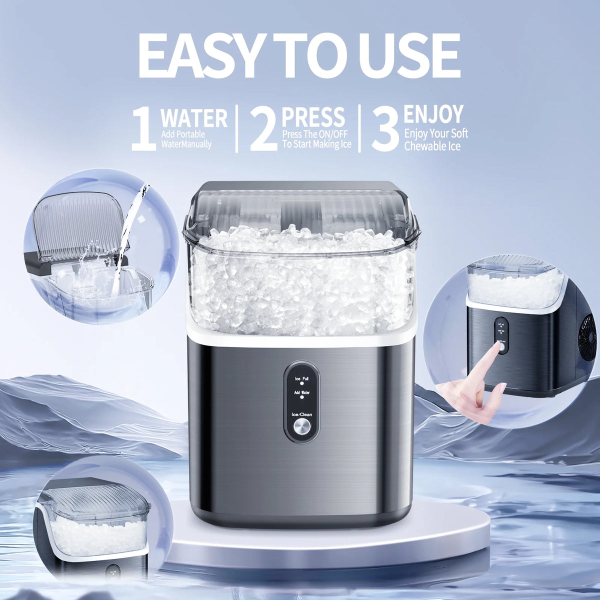 LHRIVER Nugget Countertop Ice Maker with Soft Chewable Ice, 35Lbs/24H, Self-Cleaning, Ice Scoop,Stainless Steel Silver