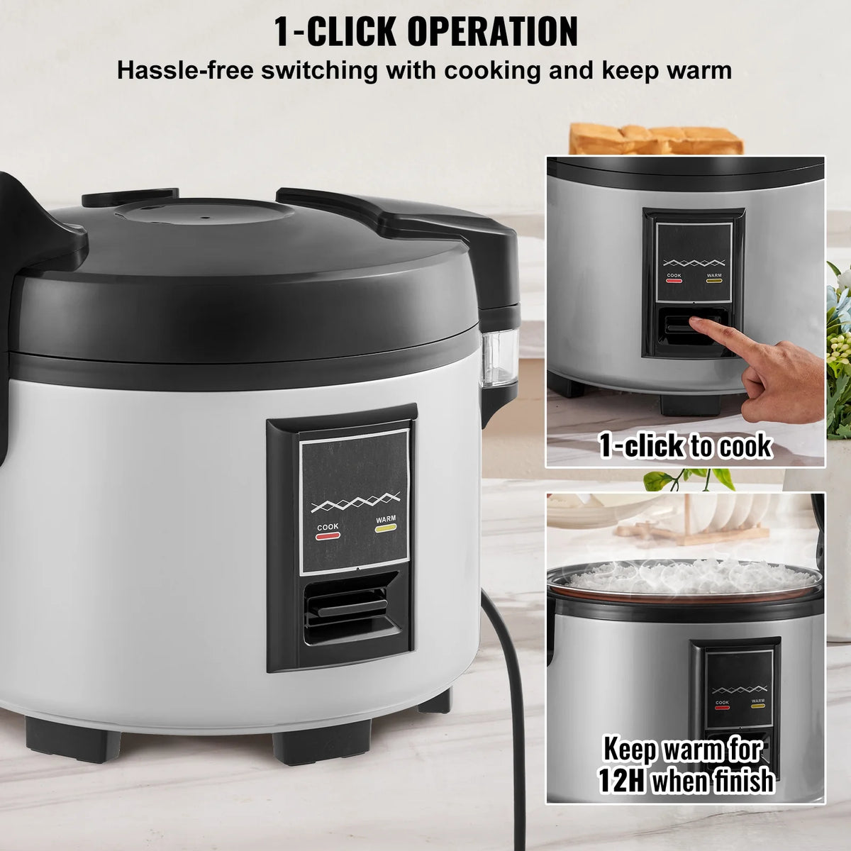 KFFKFF Industrial Rice Steamer, 45-Cup Capacity, 9.51 Qt / 9 Liter Voluminous Rice Maker and Heater with Nonstick Cooking Chamber, Swift Preparation and 12-Hour Heat Retention