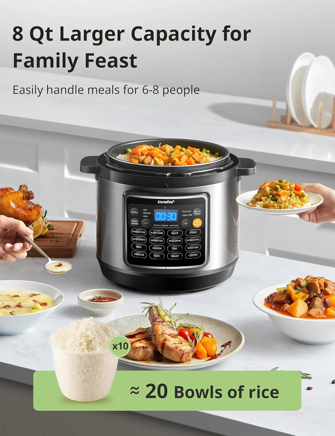 COMFEE�� 16 in 1 Electric Pressure Cooker Instant Multi Cooker Olla de Presion Non-Stick Pot Yogurt Maker Rice Cooker Slow Cooker Saut�� Steamer 8 Quarts Stainless Steel