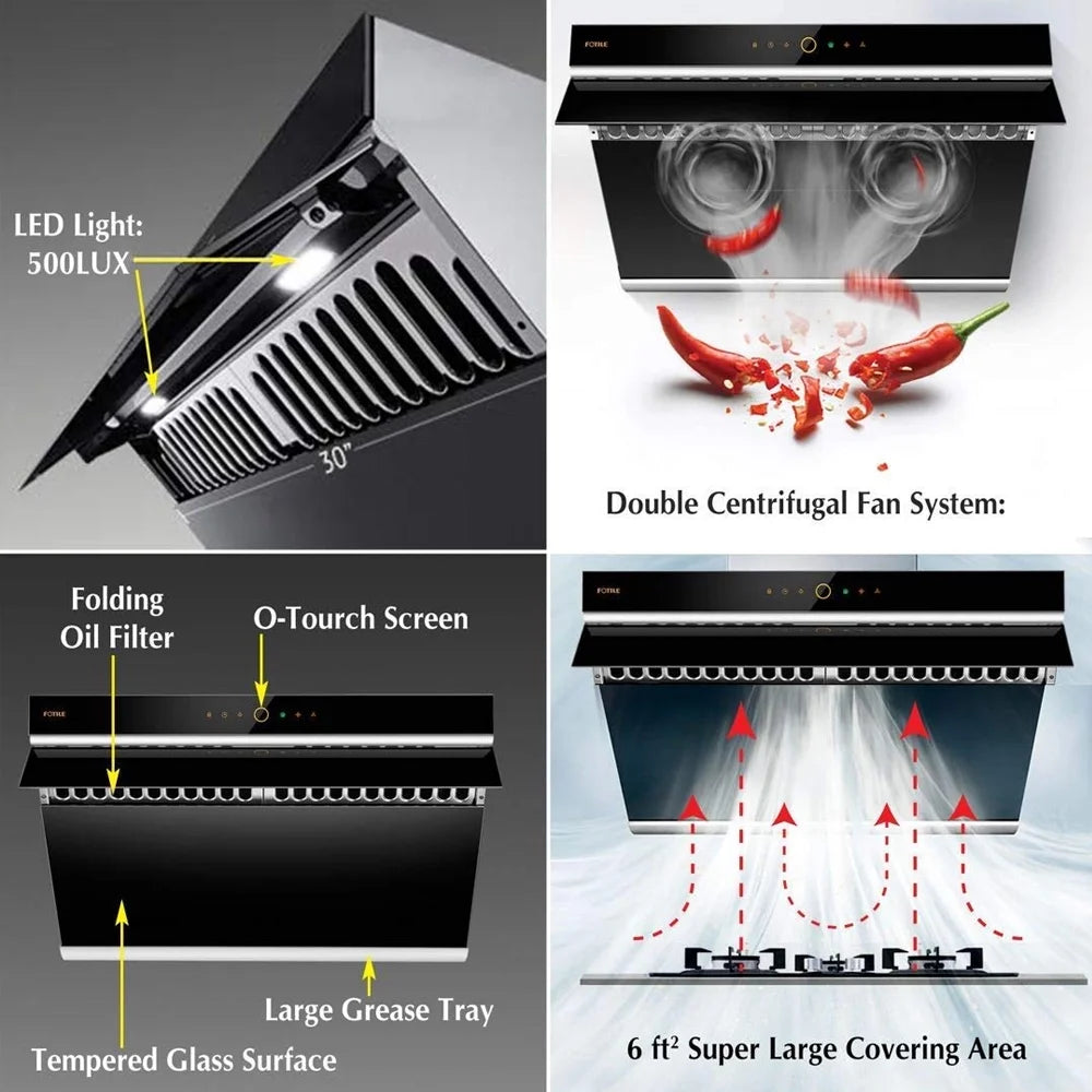 FOTILE Slant Vent Series 30" 1000 CFM Under Cabinet or Wall Mount Range Hood with 2 LED lights, Motion and Touch Activation in Onyx Black Tempered Glass