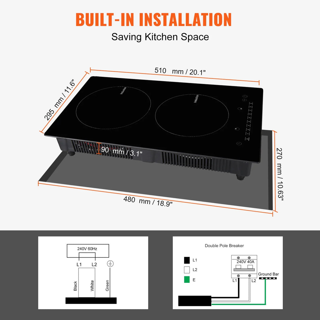 KFFKFF Induction Cooker, Dual Burners, 12'' Electric Stove, Integrated Magnetic Cooking Surface 1800W, 9 Stage Heat Adjustable Burner, LED Touch Interface with Child Safety & Excessive Heat Safeguard