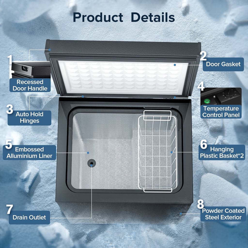 LHRIVER Mini Freezer Chest 3.5 cu ft, Deep Freezer & Side Handle, Compact Freezer with 7 Gear Adjustable Temperature, Removable Storage Basket, Black