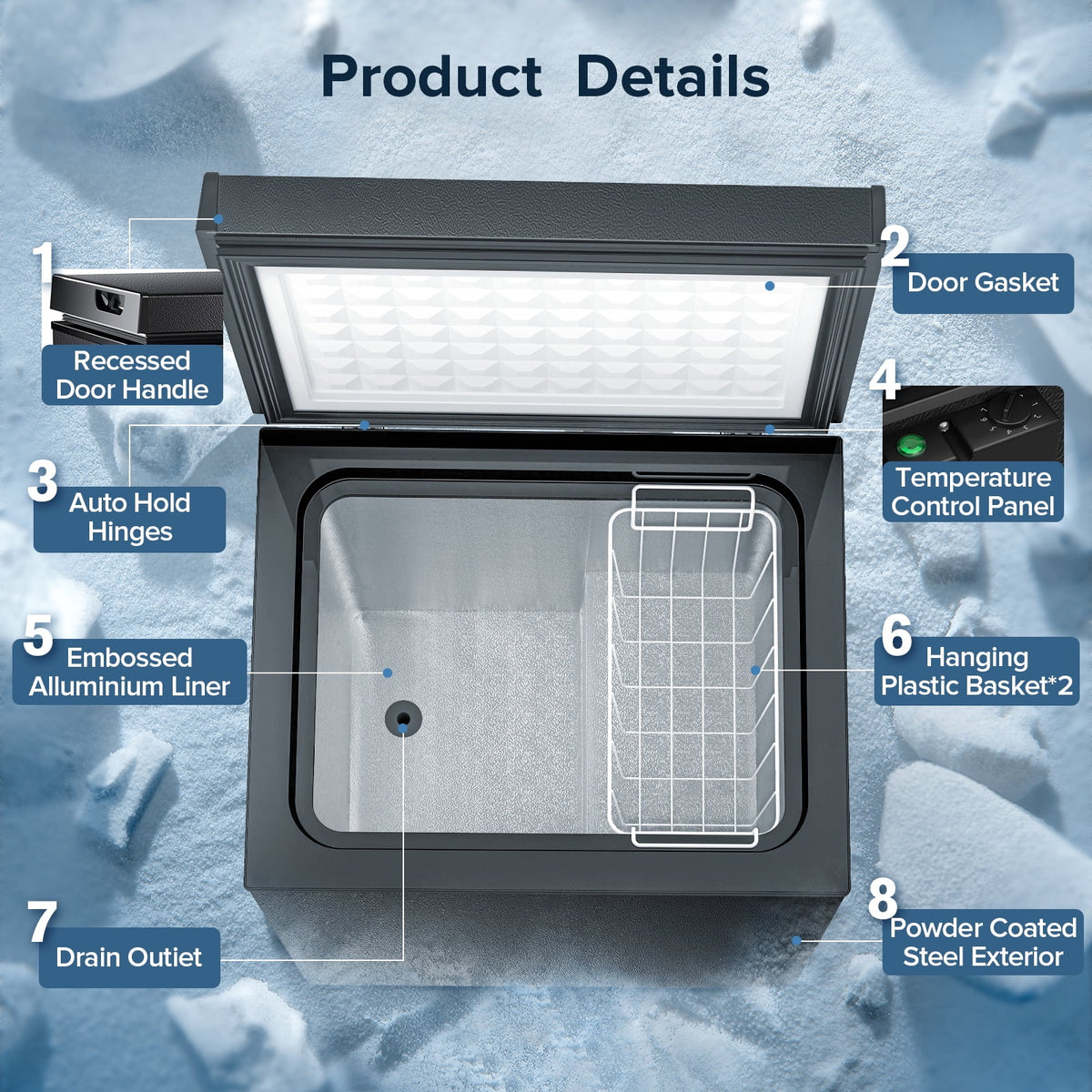 Auseo Mini Freezer Chest 3.5 cu ft,  Black Deep Freezer & Side Handle, Compact Freezer with 7 Gear Adjustable Temperature, Removable Storage Basket*2, Energy Saving