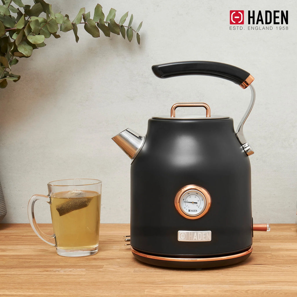 Open Box Haden 1.7 Liter Electric Water Kettle w/ 360-Degree Base, Black/Copper