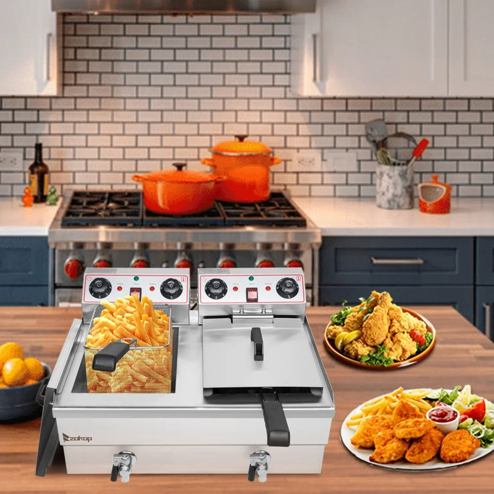 EH102V 110V 110V,3400W 24.9quart/23.6L Stainless Steel Double Cylinder Electric Fryer US Plug, Electric Deep Fryer Frying with 2 Faucets and Lids for Home Use, Adjustable Temperature, Easy to clean