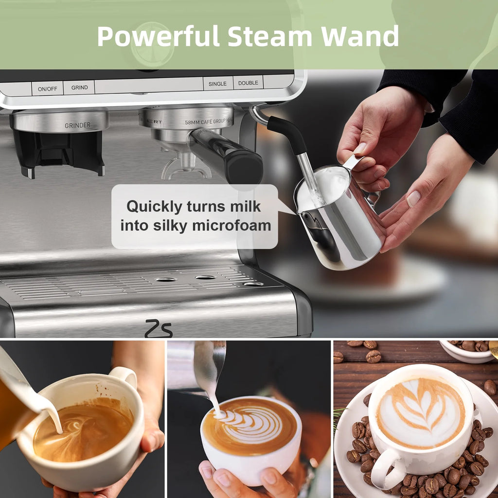 COZONY Espresso Machine 15 Bar, 2.5 L Water Tank, Semi Automatic Coffee Maker with Grinder, Milk Frother/Steam Wand, Italian Pump, All-in-One Espresso Machine, Stainless Steel, Silver