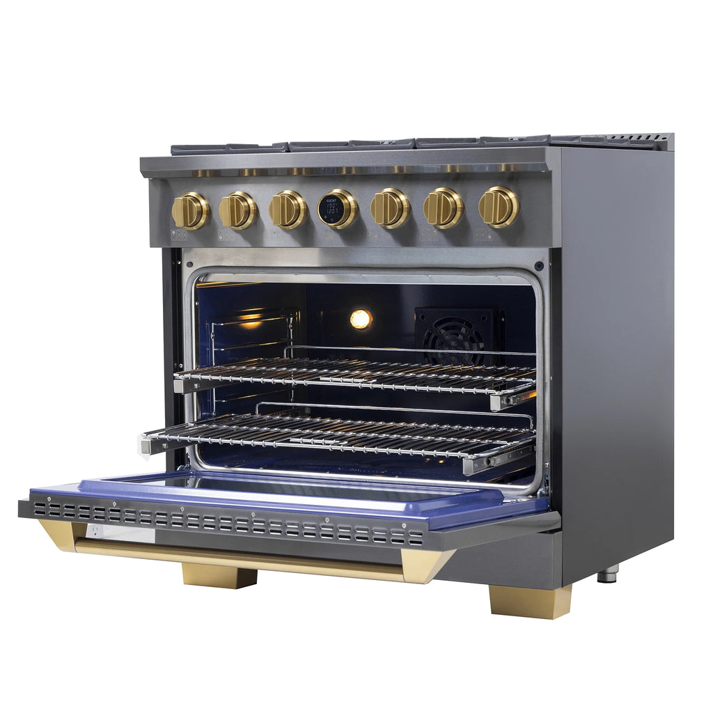 36 in. 5.2 cu. ft. Dual Fuel Range for Propane Gas in Titanium Stainless.