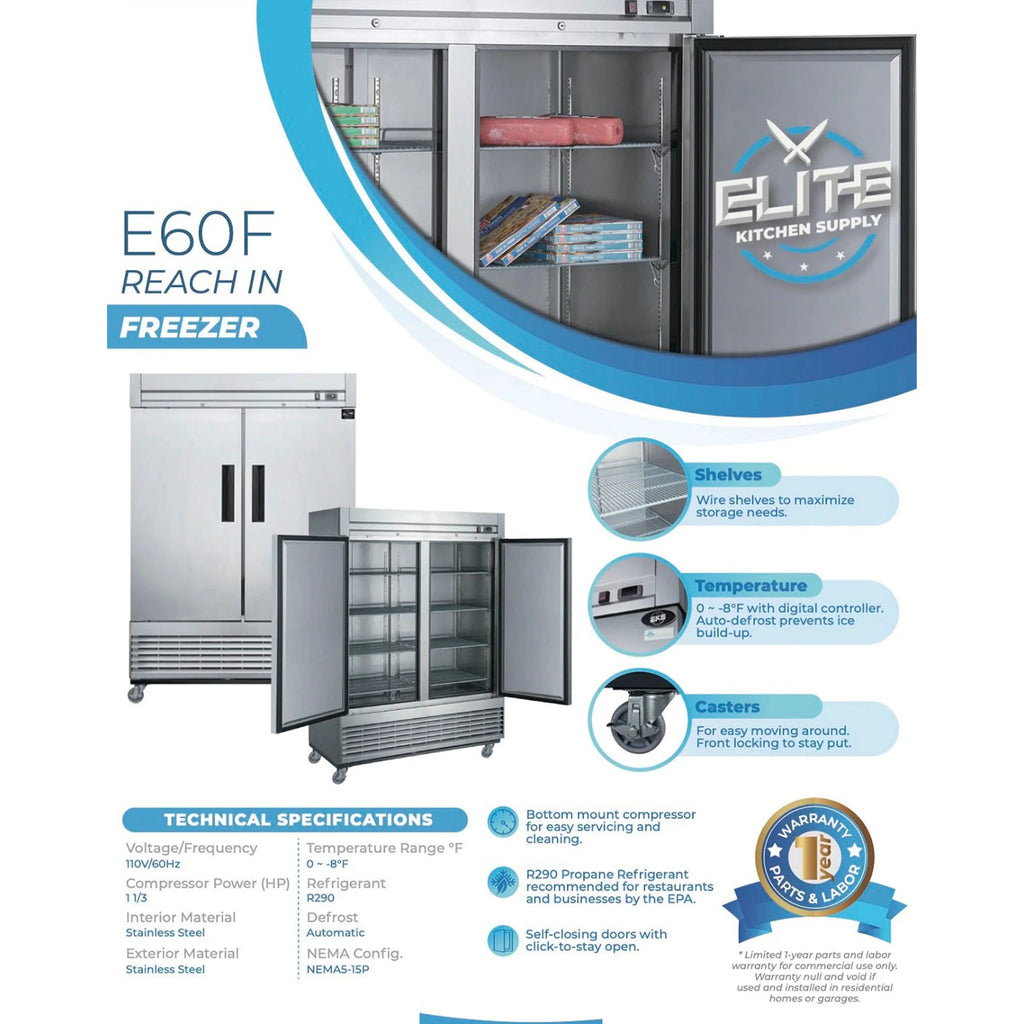 55 in. Two Door Reach-in Commercial Freezer 41 Cu.Ft. Solid Door Freezer, NSF