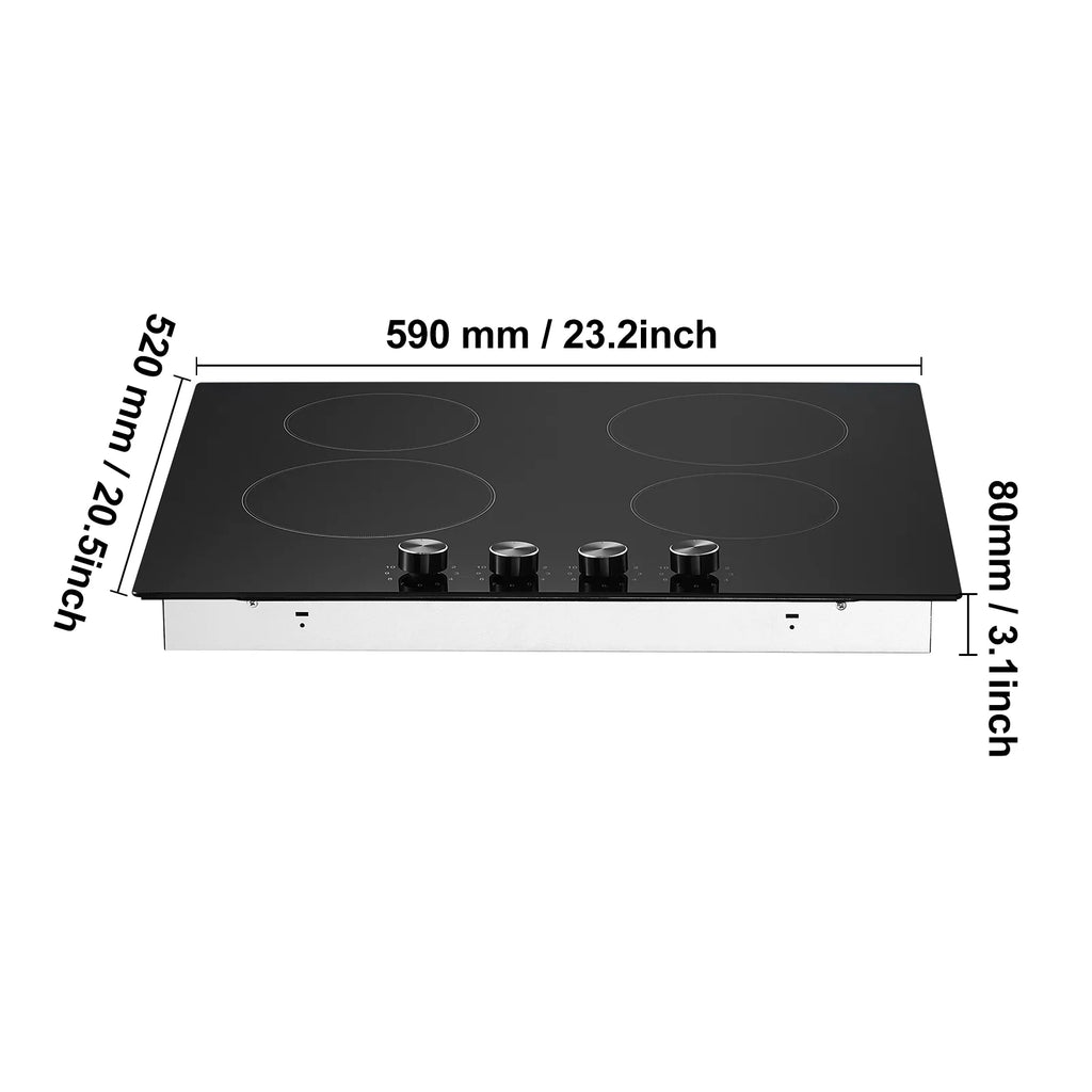 KFFKFF 24" Electric Cooktop, Electric Range, 4 Burner Built-in Ceramic Cooktop with 11 Power Levels, Knob Control, 6000W Ceramic Surface, Glass Panel, Dial Controls, 220-240V, Direct Wiring Required