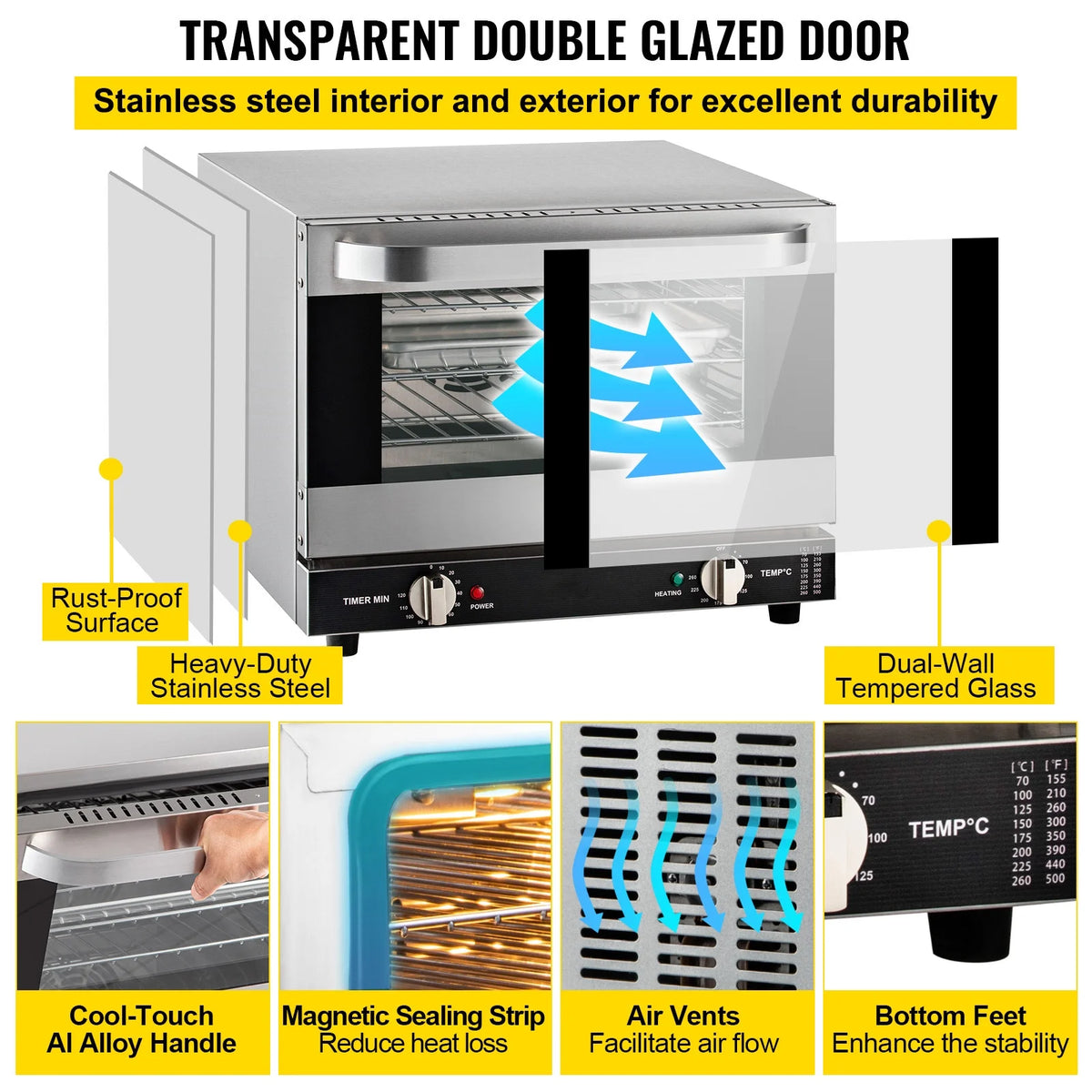 KFFKFF Commercial Convection Oven, 21L/19Qt, Quarter-Size Conventional Oven Countertop, 1440W 3-Tier Toaster w/ Front Glass Door, Electric Baking Oven w/ Trays Wire Racks Clip Gloves