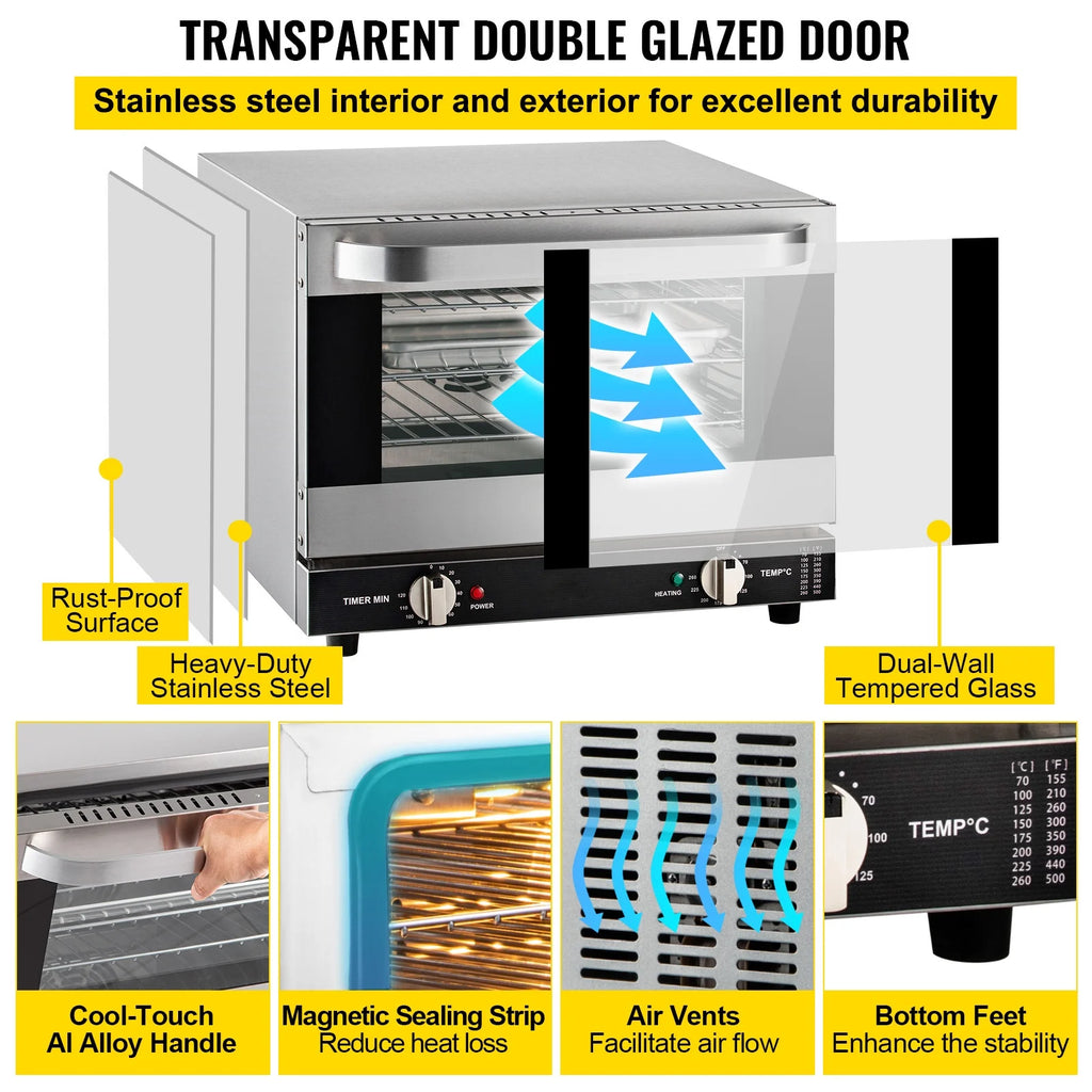 KFFKFF Commercial Convection Oven, 21L/19Qt, Quarter-Size Conventional Oven Countertop, 1440W 3-Tier Toaster w/ Front Glass Door, Electric Baking Oven w/ Trays Wire Racks Clip Gloves