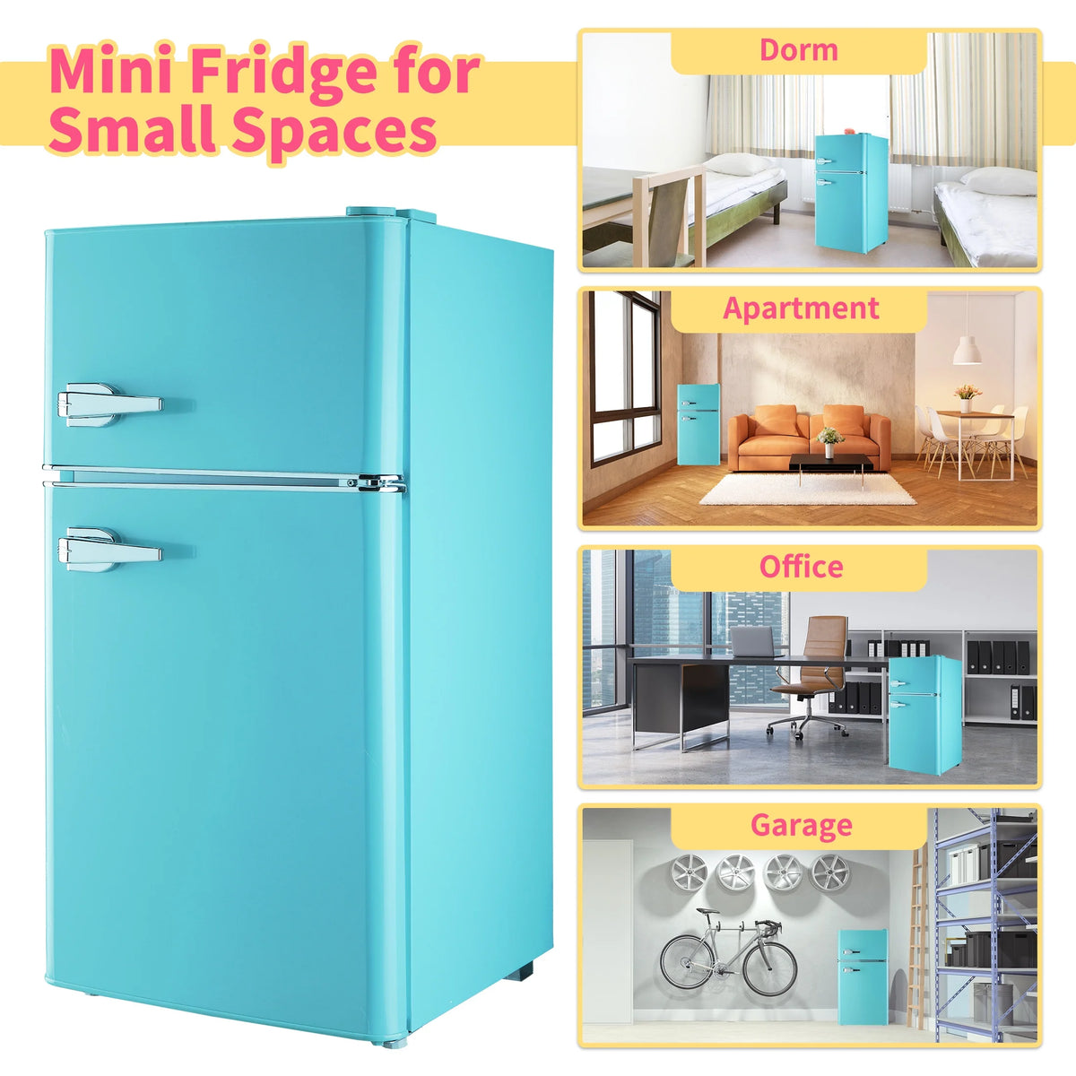 Mini Refrigerator with Double Door/3.5Cu.ft/Freezer,for Gameroom/Bedroom/Apartment/Dorm,Blue