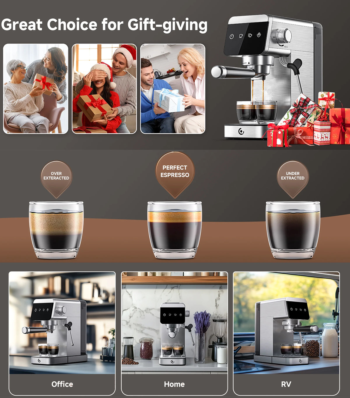Sunmaki Espresso Machine 20 Bar Stainless Steel Coffee Machines with LED Touch Screen Powerful Steam Wand, Removable Water Tank, for Cappuccino, Latte