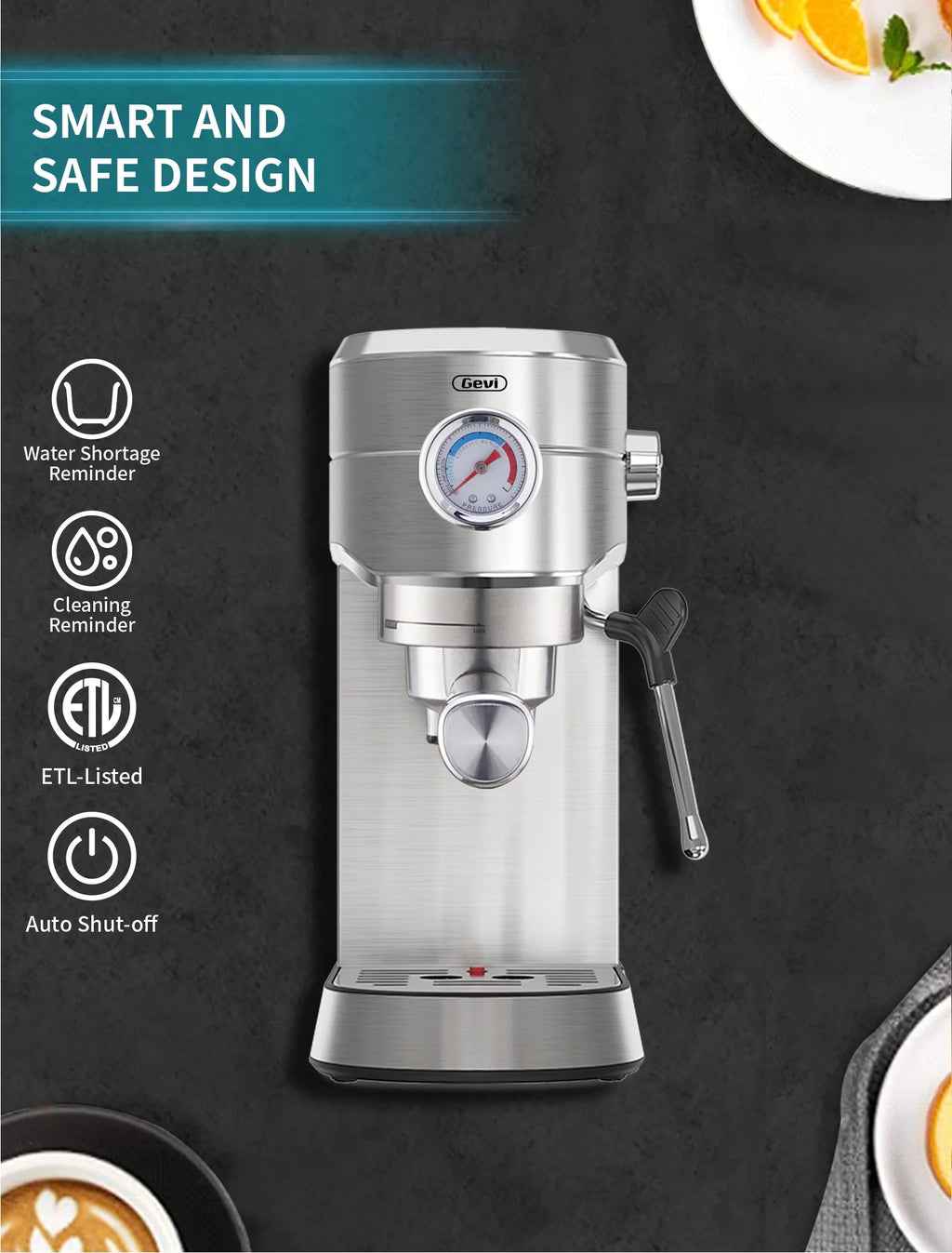 Gevi Compact Espresso Coffee Machine with Milk Steam Wand GECME418EA-U