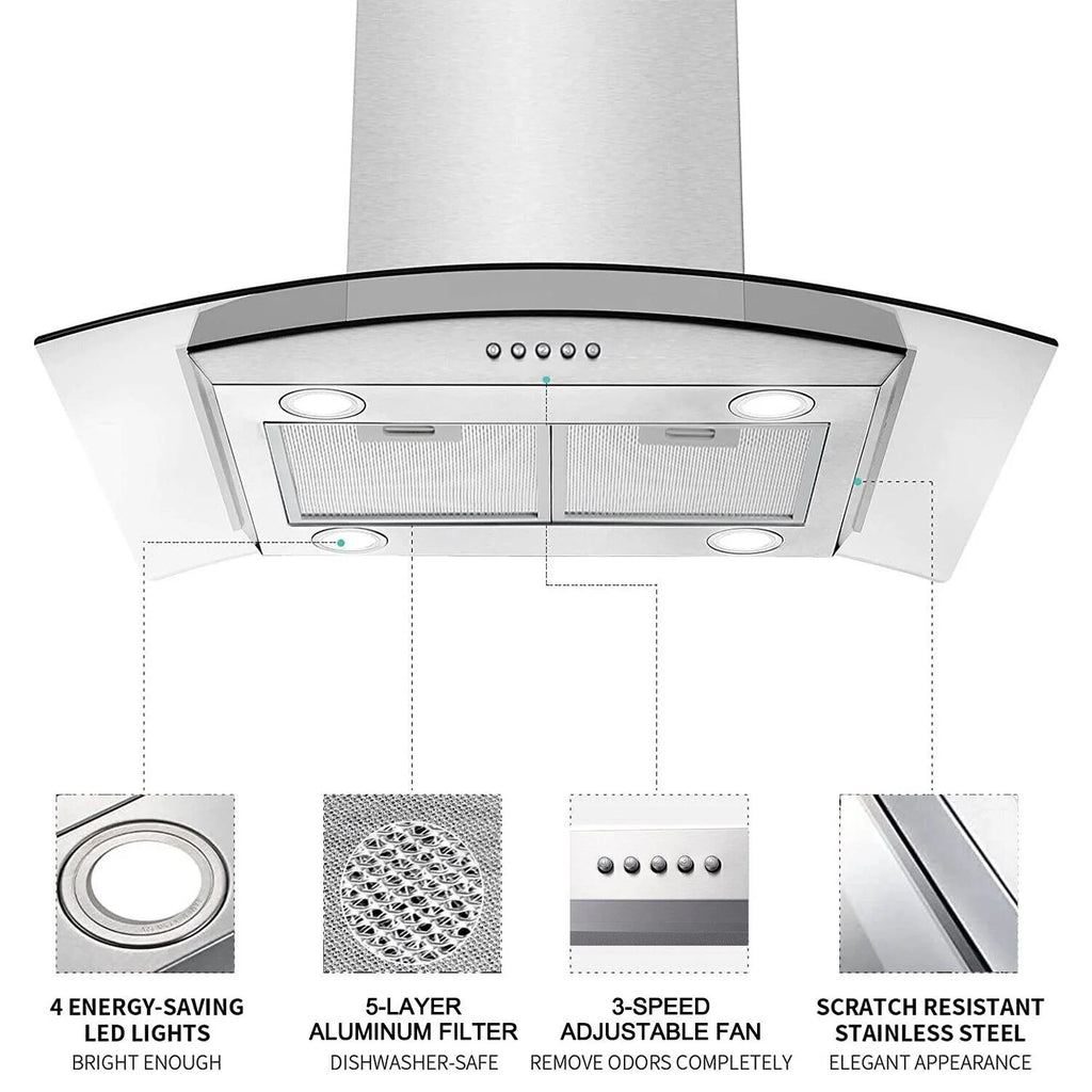 "Joeaonz 30"" Island Mount Range Hood, Stainless Steel, LED Bulbs, Easy-Clean Filters, 120V"
