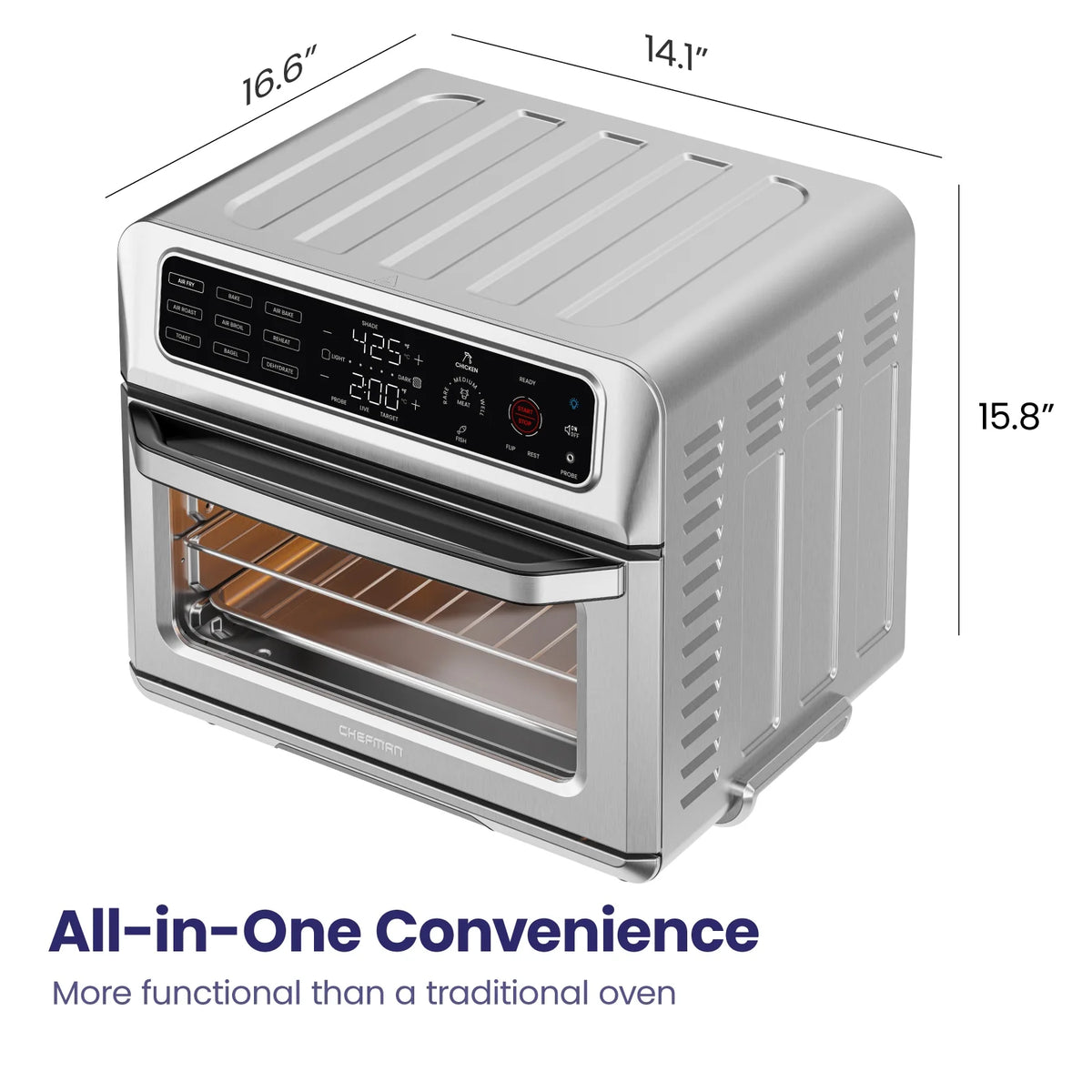 Chefman 12-in-1 Air Fryer Oven Combo w/ Probe Thermometer, 20 Qt Capacity - Black Stainless Steel, New