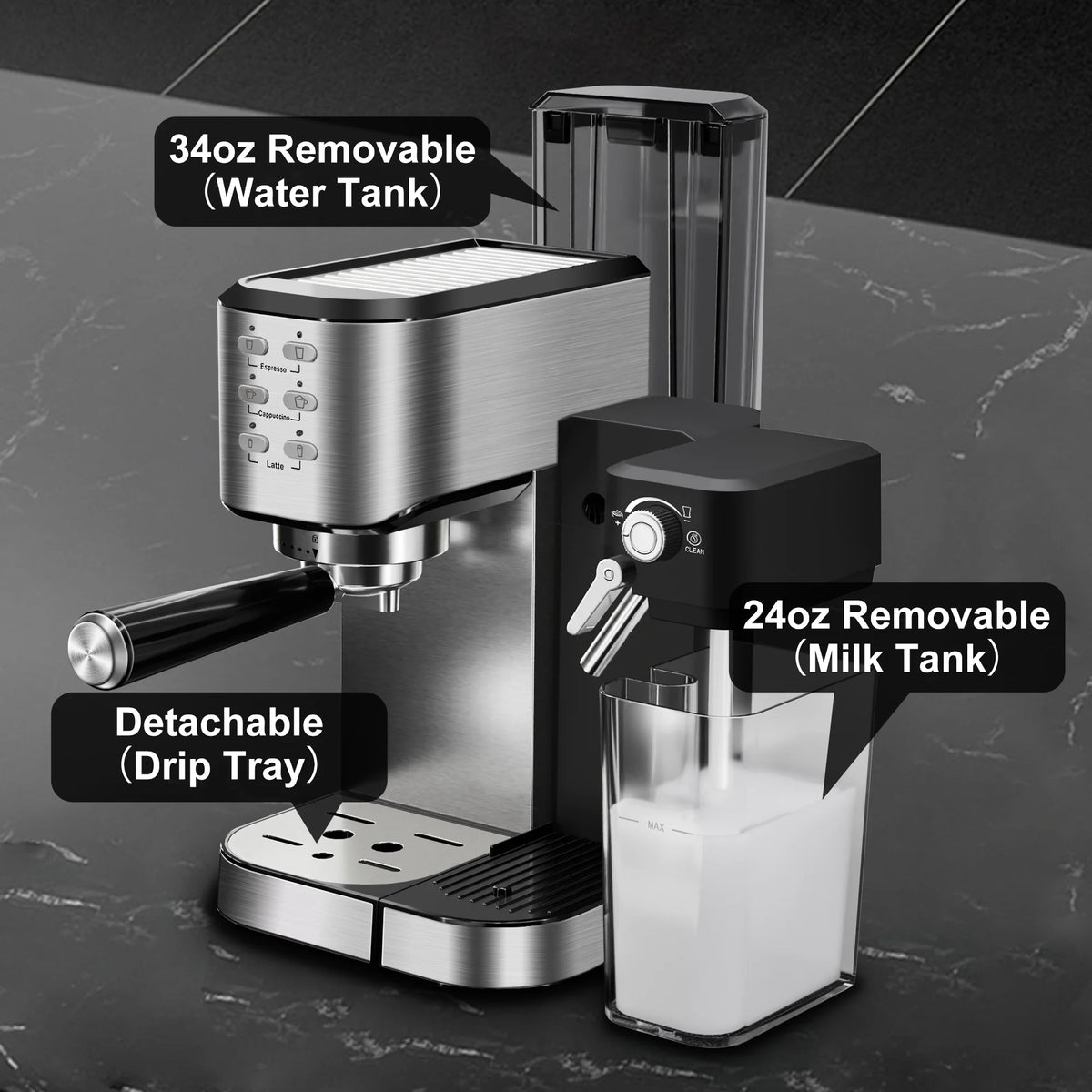 Bluebow 6-in-1 Espresso Machine, 20 BAR Cappuccino & Latte Machine with Built-In Milk Frother, One-Touch Single/Double Shot, 1350W, Stainless Steel