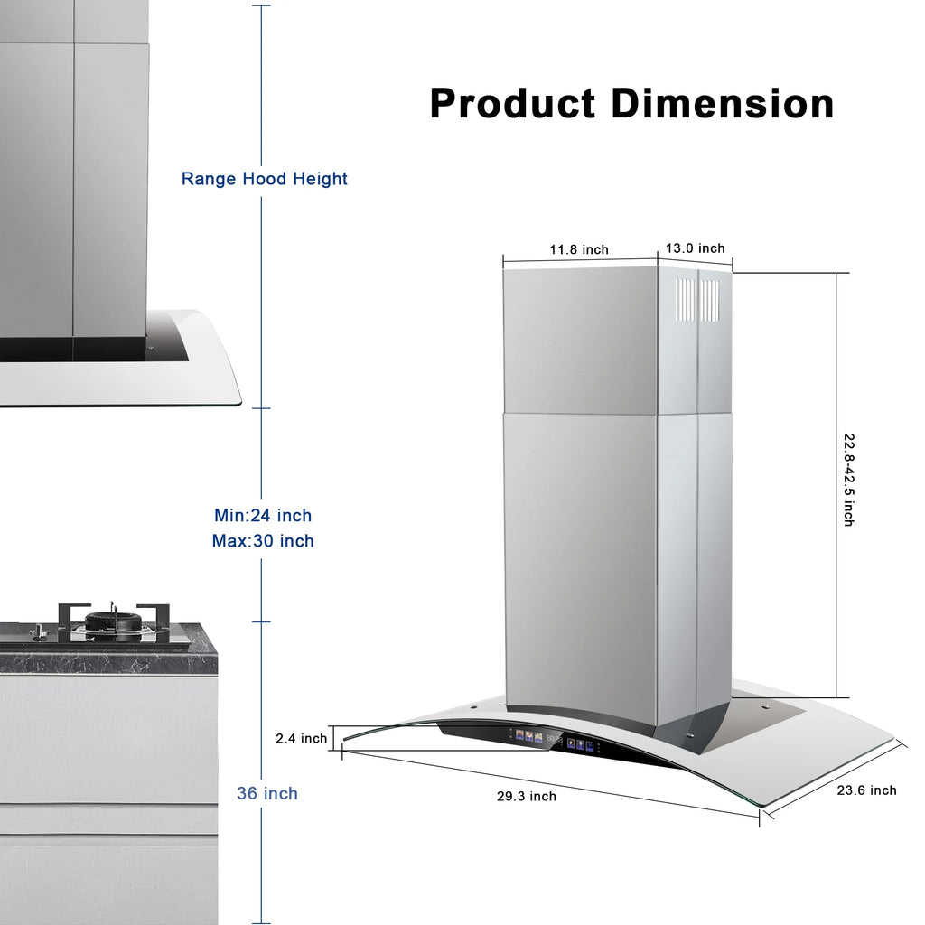 30 inch Stainless Steel Island Mount Range Hood 700 CFM, 120V Exhaust Fan, 3-Speed 65dB, Gesture Control & LED Lights?