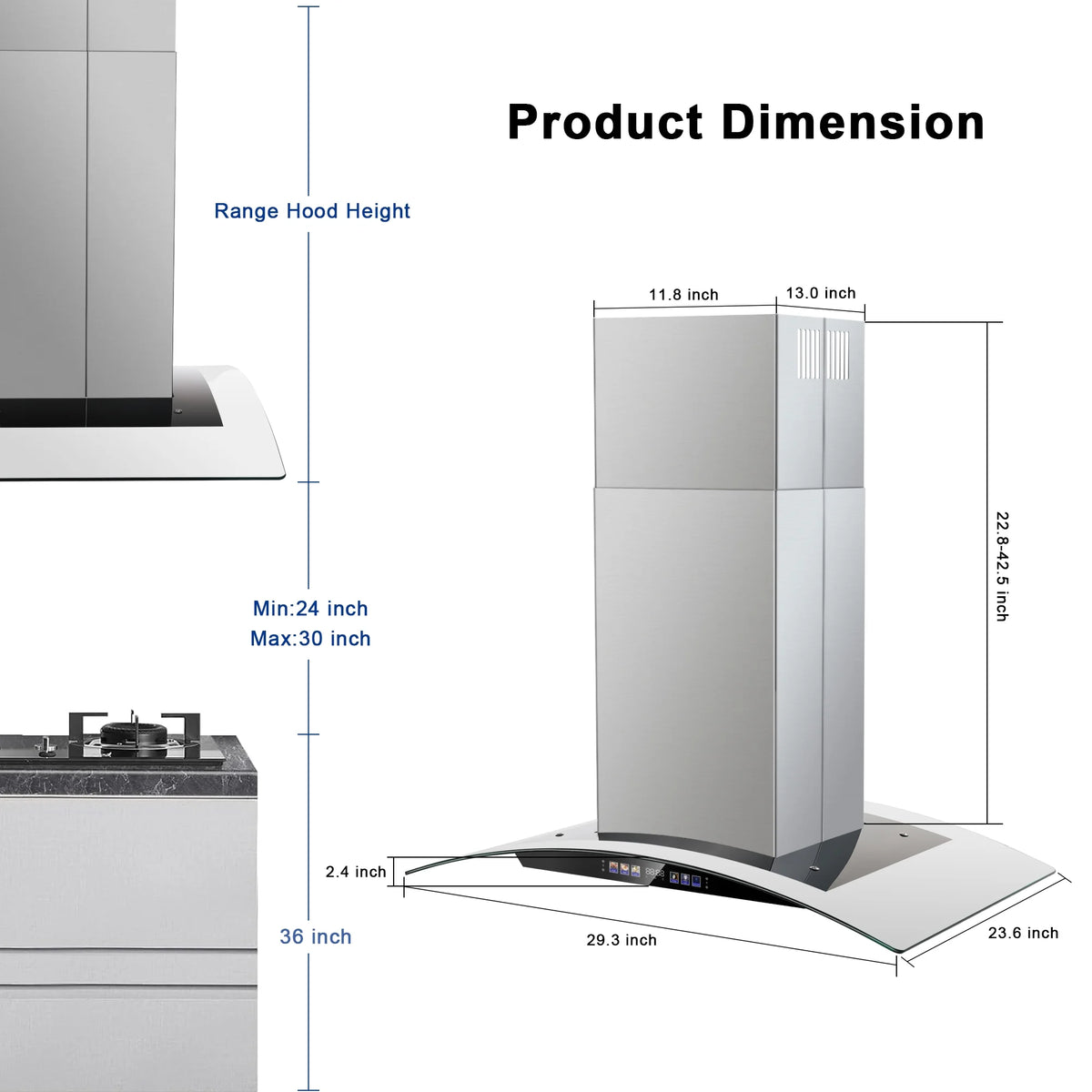 30 inch Stainless Steel Island Mount Range Hood 700 CFM, 120V Exhaust Fan, 3-Speed 65dB, Gesture Control & LED Lights?