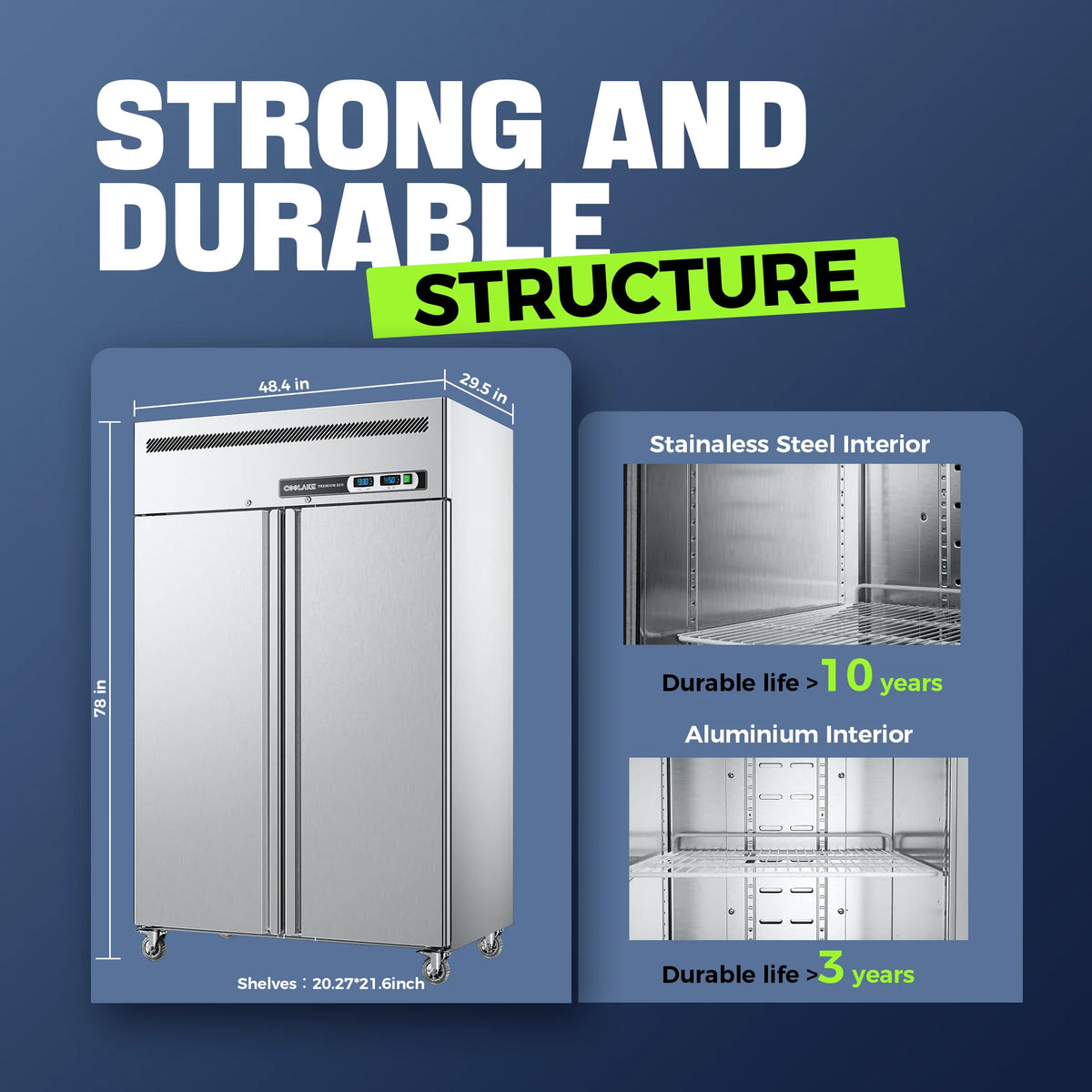 Coolake Commercial Refrigerator And Freezer Combo, 48" W Dual Temperature Zones, 36 Cu.ft 2 Door