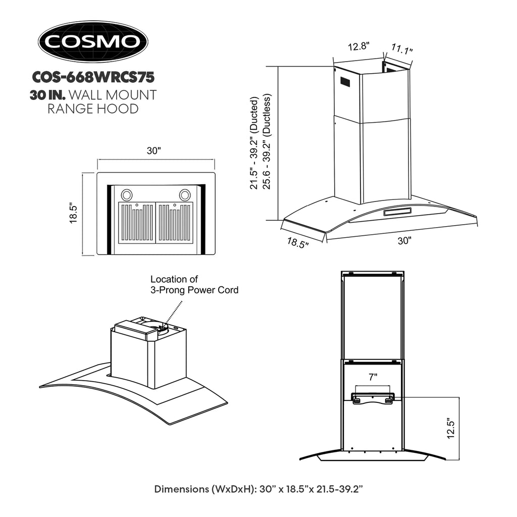 30 in. Vista Collection Ductless Wall Mount Range Hood, Button Controls, LED Lights, Stainless Steel