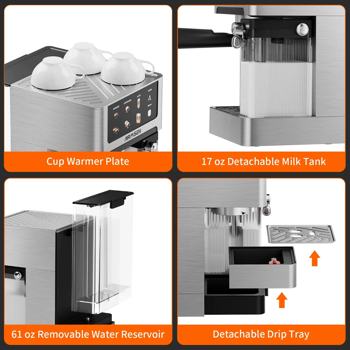 AIRMSEN Espresso Machine with Color Touchscreen, 20 Bar Cappuccino Latte Machines with Automatic Milk Frother, Dual Boiler Stainless Steel Espresso Maker for Home, 1350W