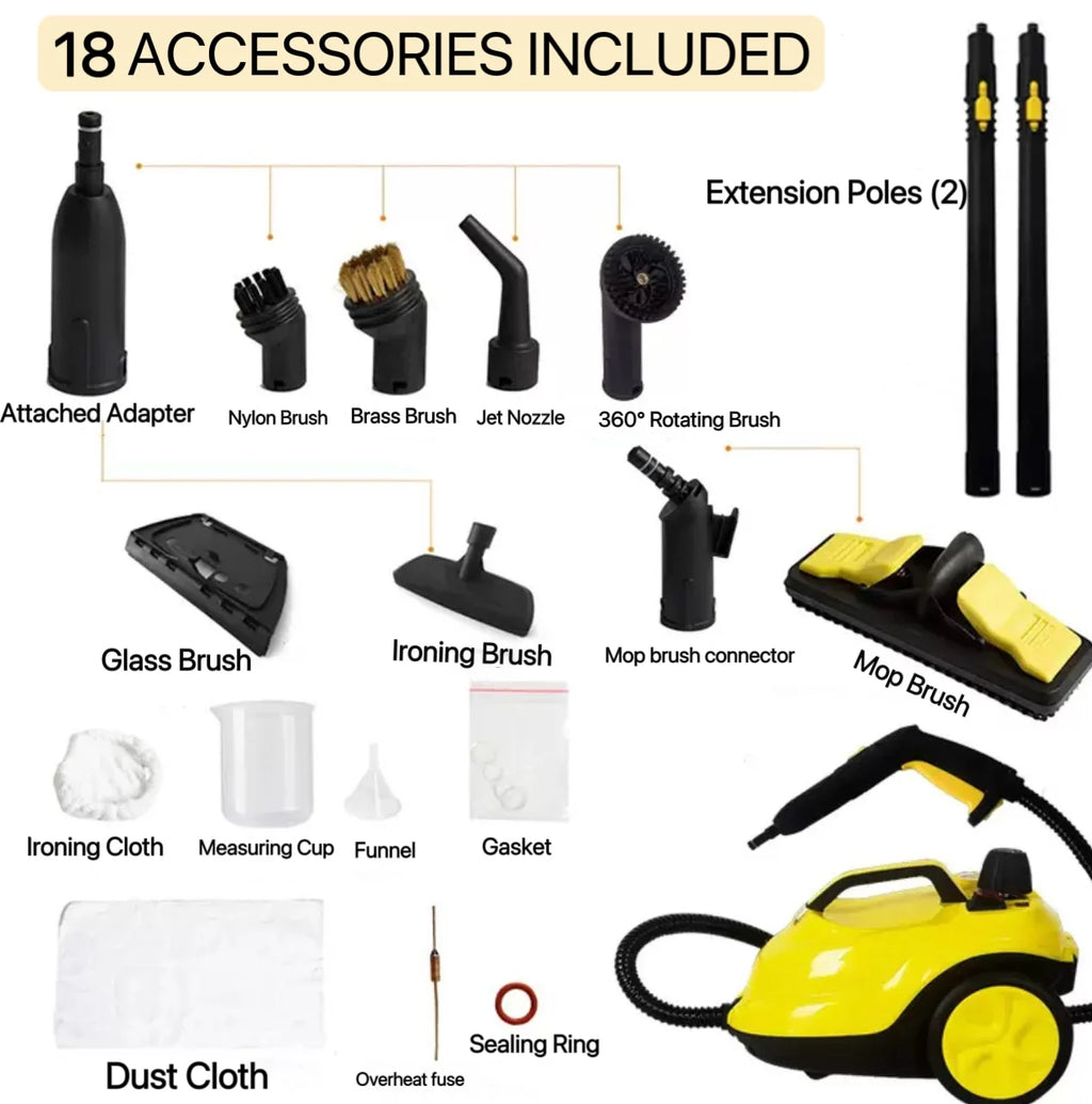 Steam Cleaner, 2-Quart Canister Steamer with 18 Accessories for Floor, Grout, Upholstery, Car Detailing, Kitchen Degreasing & High-Temp Sanitizing