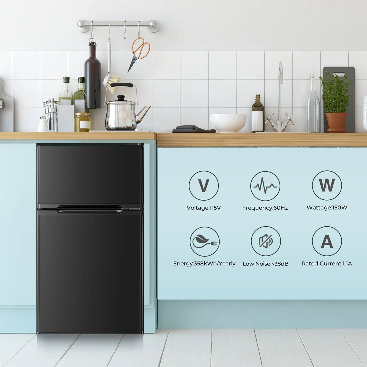 WAA 3.1 Cu.Ft Mini Fridge with Freezer,2 Door Compact Refrigerator,Mini Fridge with Adjustable Removable Glass Shelves for Bedroom,Office,Dorm or Apartment,Black