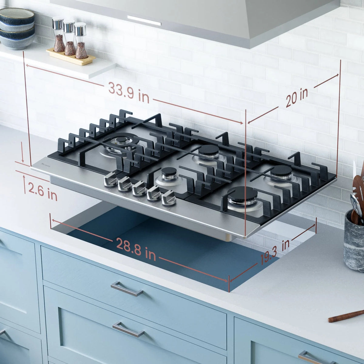 Rangaire RCG341S 34" Gas Cooktop - Stainless Steel, Sealed Burners, Cast Iron Grates, Die Cast Metal Burner Controls