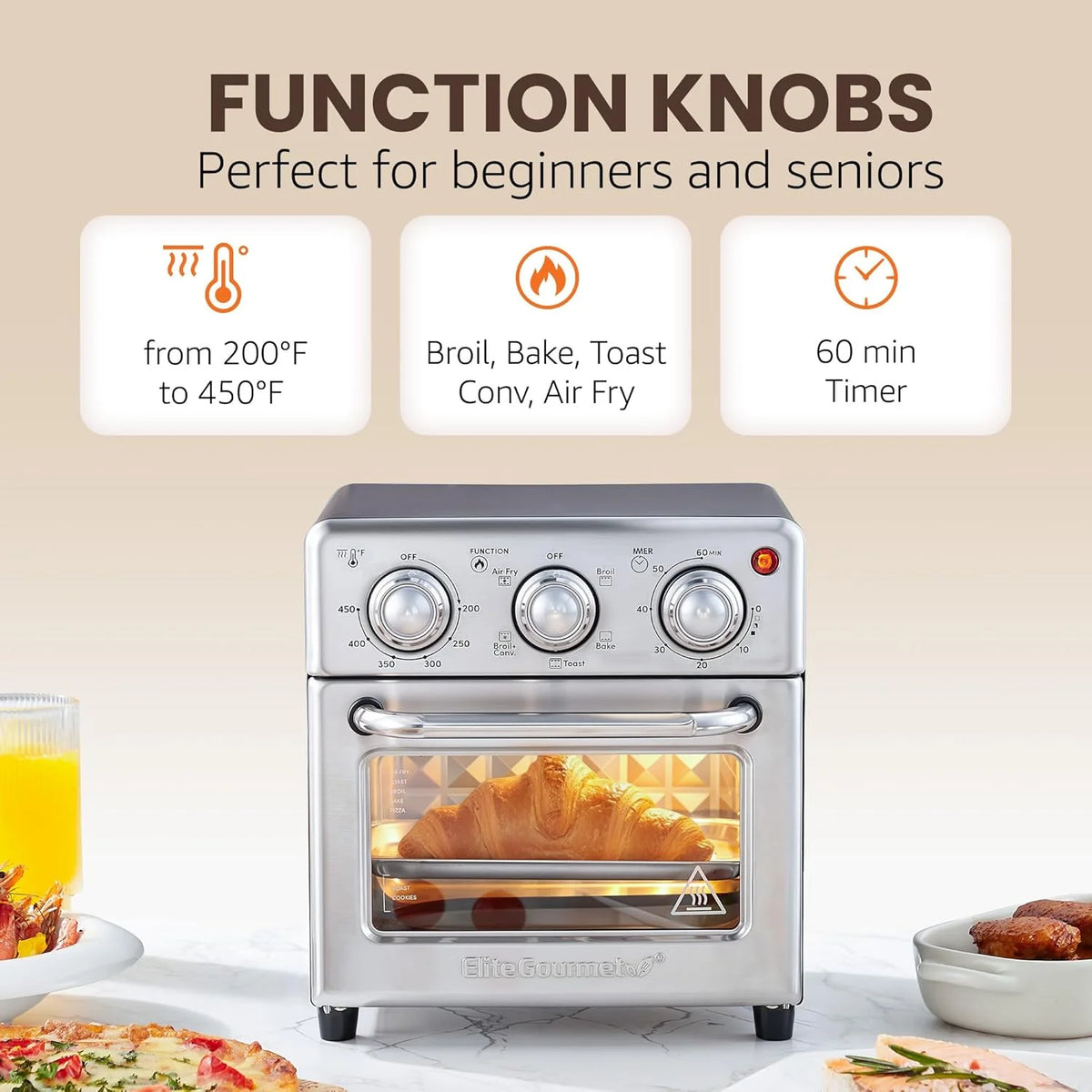 EAF0852SS 8.5Qt. Capacity Air Fryer Oven, Air Fry, Broil, Toast, Bake & Broil with Convection, Time and Temperature Controls, 800-, Includes 25 Delicious Recipes, Stainless Steel