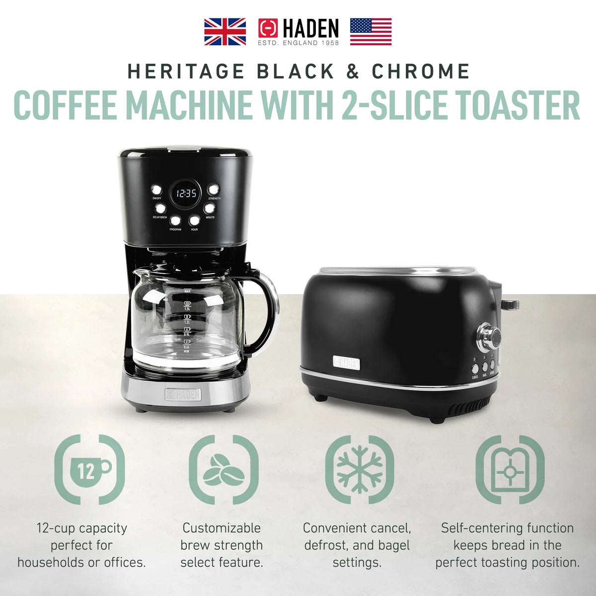 Haden 12 Cup Coffee Maker with 2 Slice Stainless Steel Bread Toaster, White