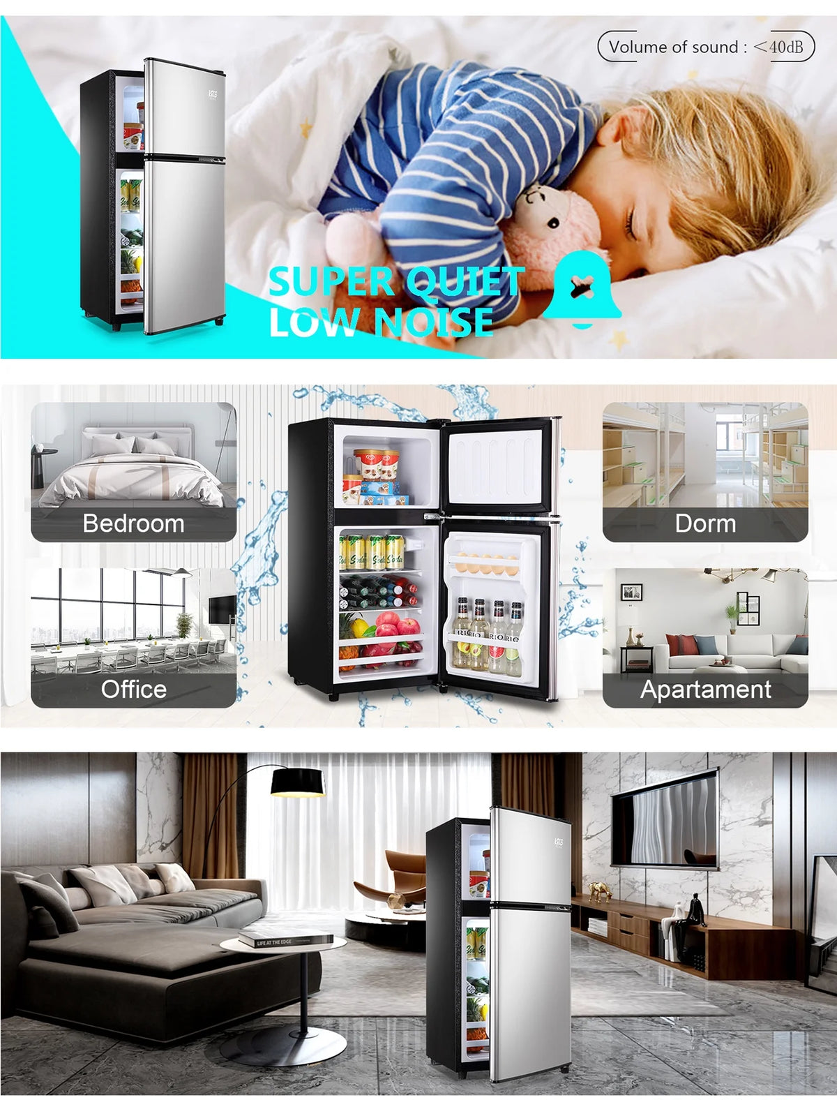KRIB BLING 3.2 Cubic Feet Double Door Mini Fridge with Freezer, Mini Compact Refrigerator 2 Doors for Dorm, Office, Apartment, RV, Bedroom, Black