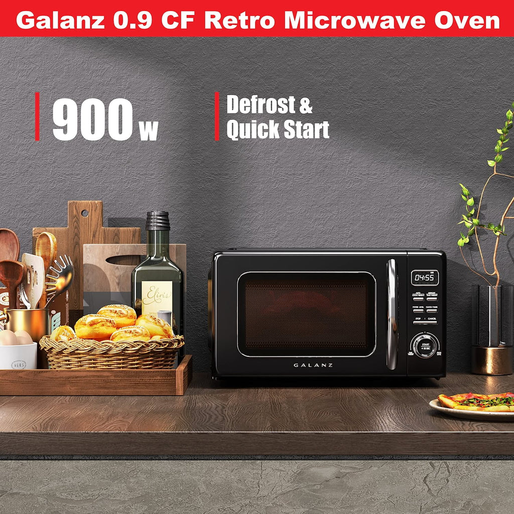 Galanz Retro Countertop Microwave Oven with Auto Cook & Reheat, Defrost, Quick Start Functions, Easy Clean with Glass Turntable, Pull Handle, .9 cu ft, Black