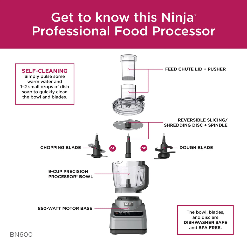 Restored Ninja® Professional Food Processor, 850 Watts, 9-Cup Capacity, Auto-iQ Preset Programs, BN600 (Refurbished)