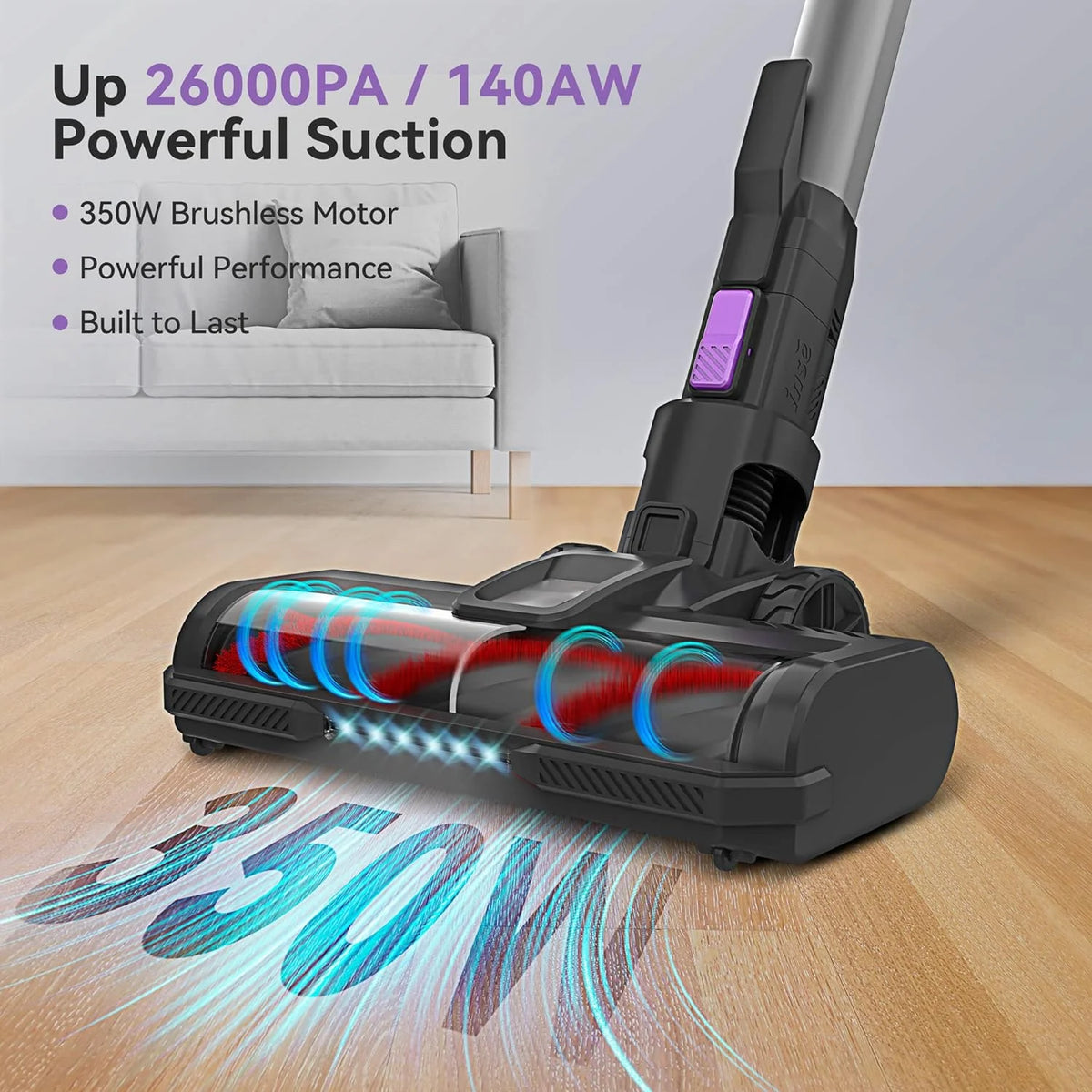 INSE Cordless Vacuum Cleaner, 6-in-1 Stick Vacuum with 26Kpa 350W Suction, Max 50 Min Runtime Rechargeable Vacuum Cleaners for Hard Floor Pet Hair