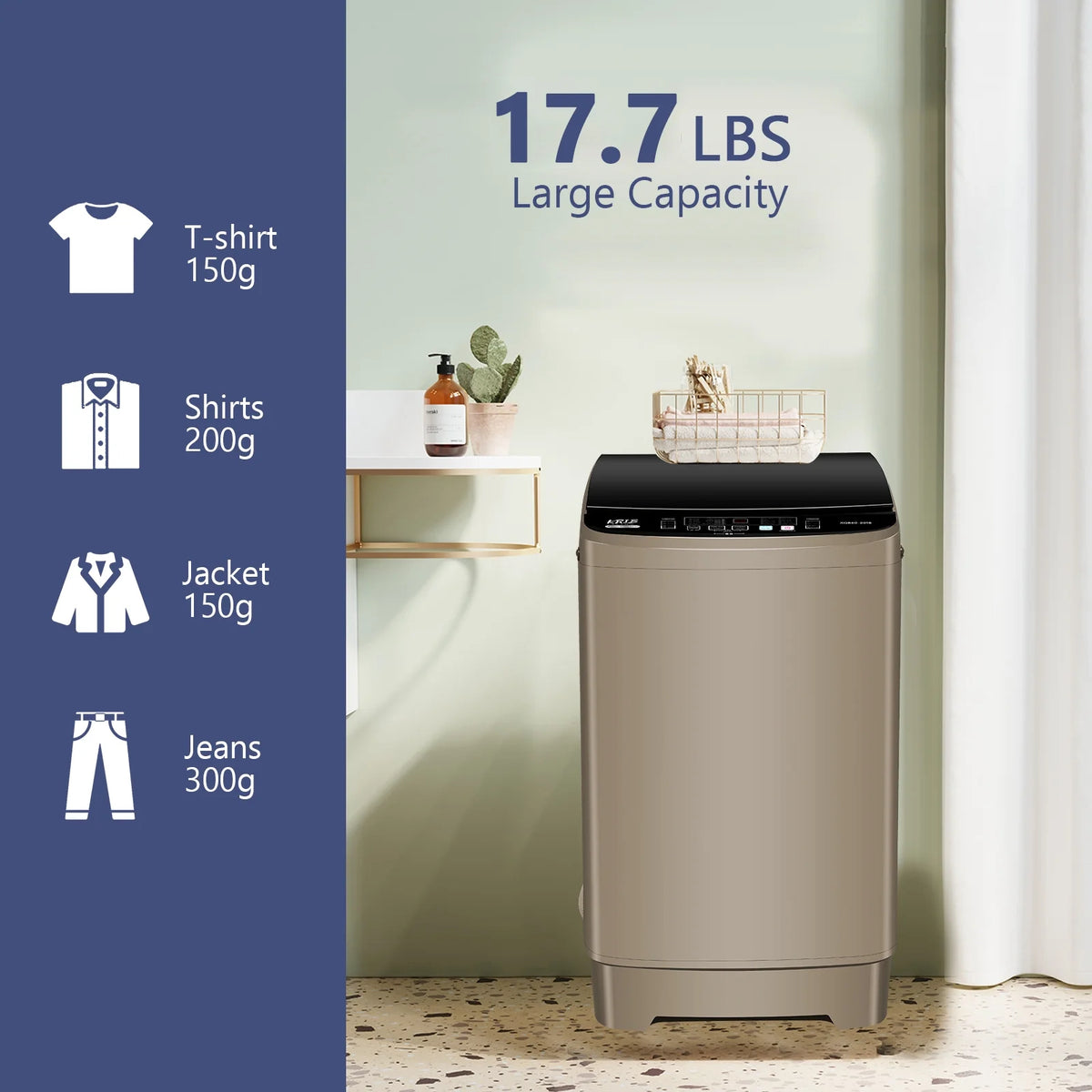 Krib Bling Full Automatic Washing Machine with LED Display, 17.7 lbs Portable Washer with Drain Pump, 10 Washing Programs & 8 Water Levels, Ideal for Camping, Apartment, Dorm, Grey