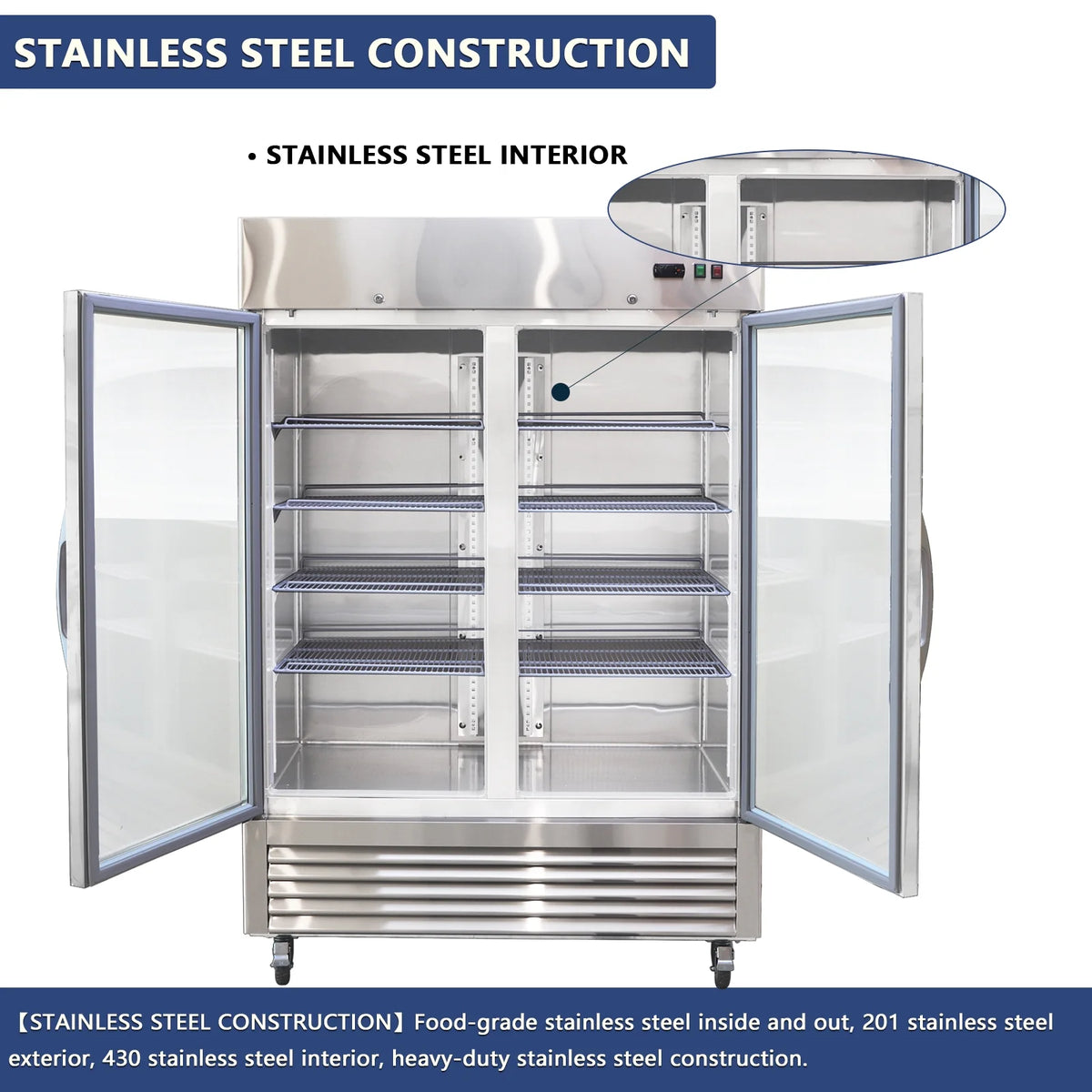 54"W Commercial Refrigerator 2 Glass Door Stainless Steel Interior and Exterior Construction Display Refrigerator 42.2 Cu.ft. Reach-in Merchandising Refrigerator Upright Fan Cooling Merchandiser